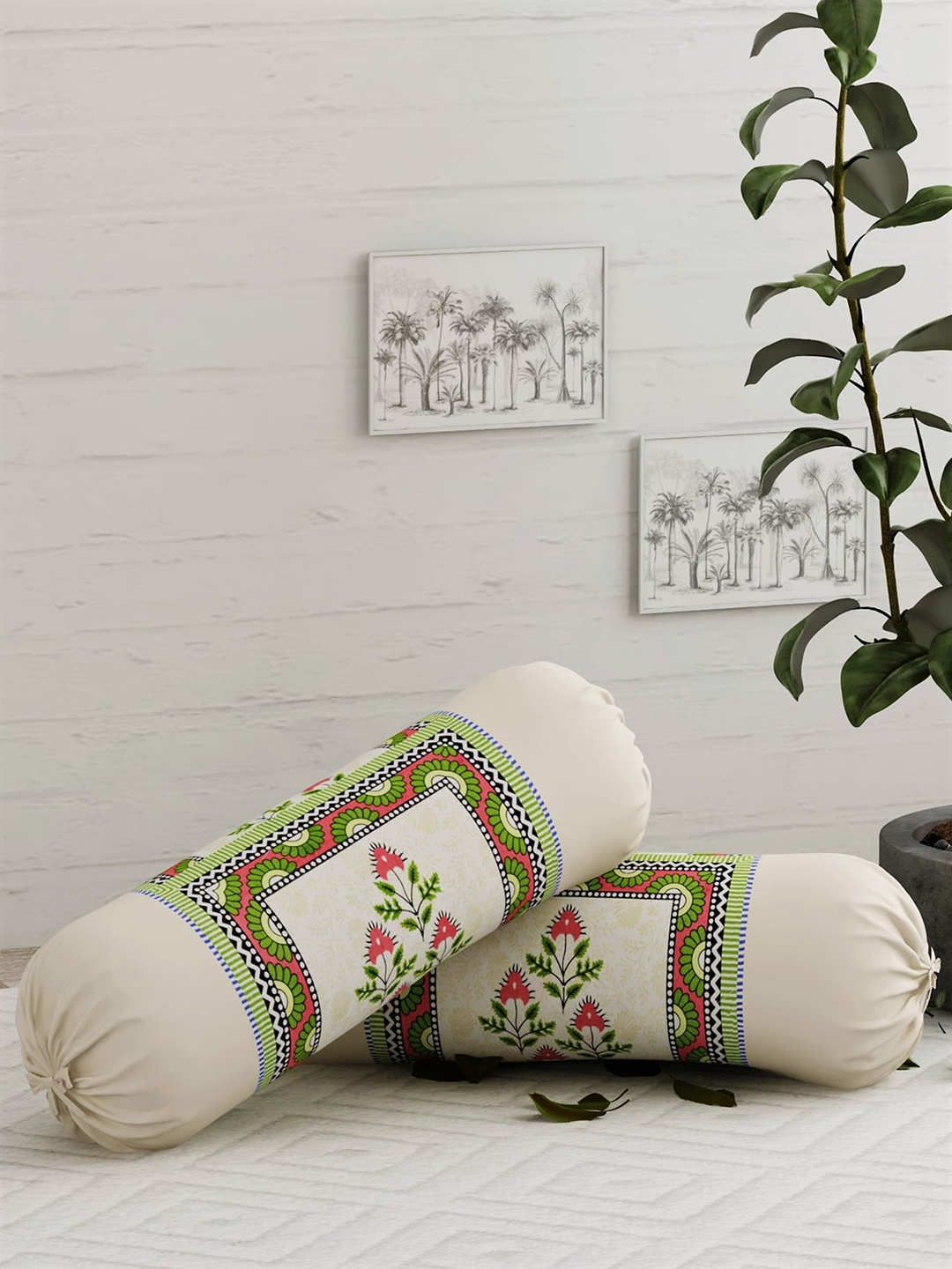 

Salona Bichona Set Of 2 Cream-Colored & Pink Printed Pure Cotton Bolster Covers