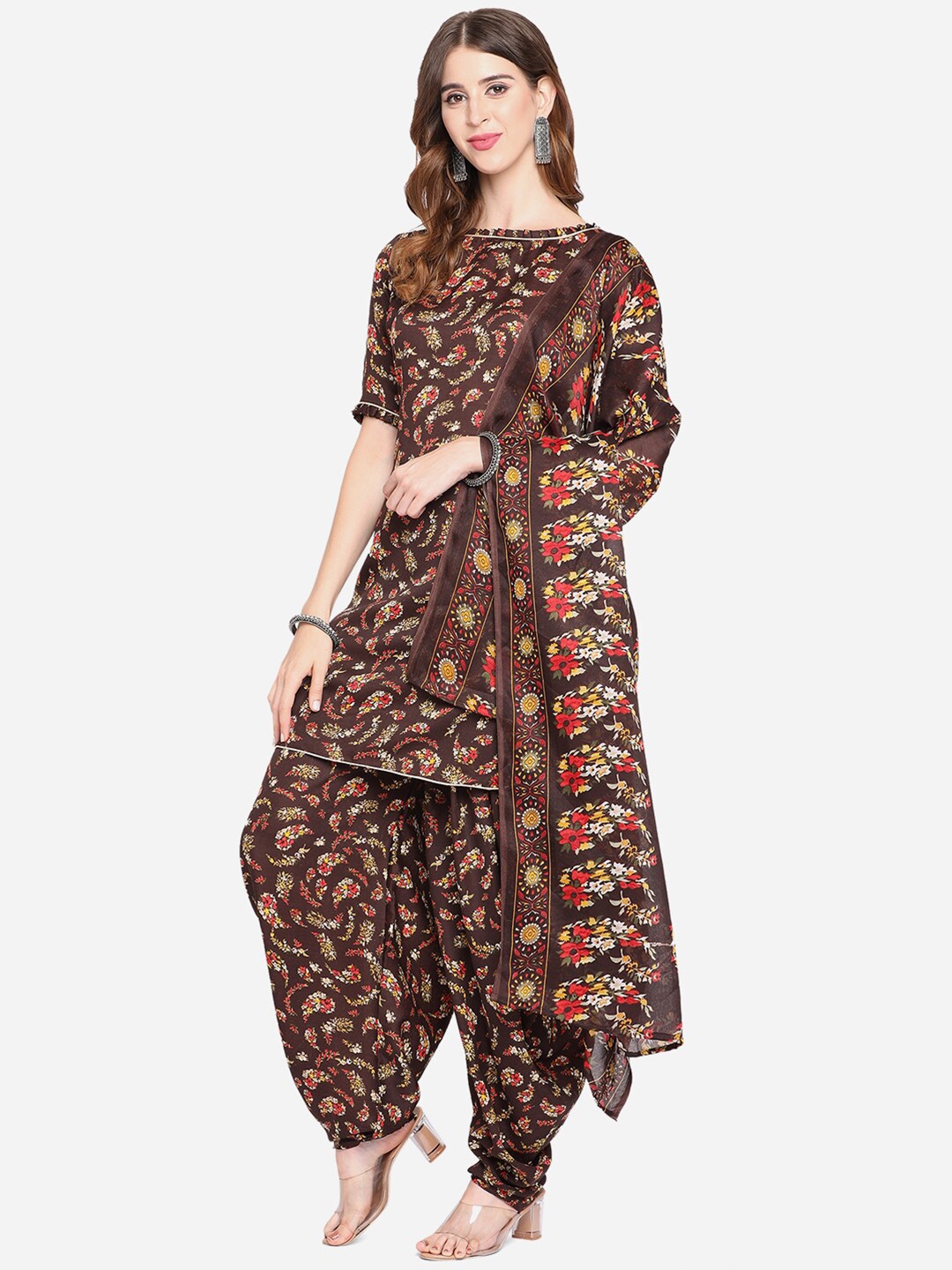 

SHAVYA Coffee Brown & Red Printed Pure Cotton Unstitched Dress Material