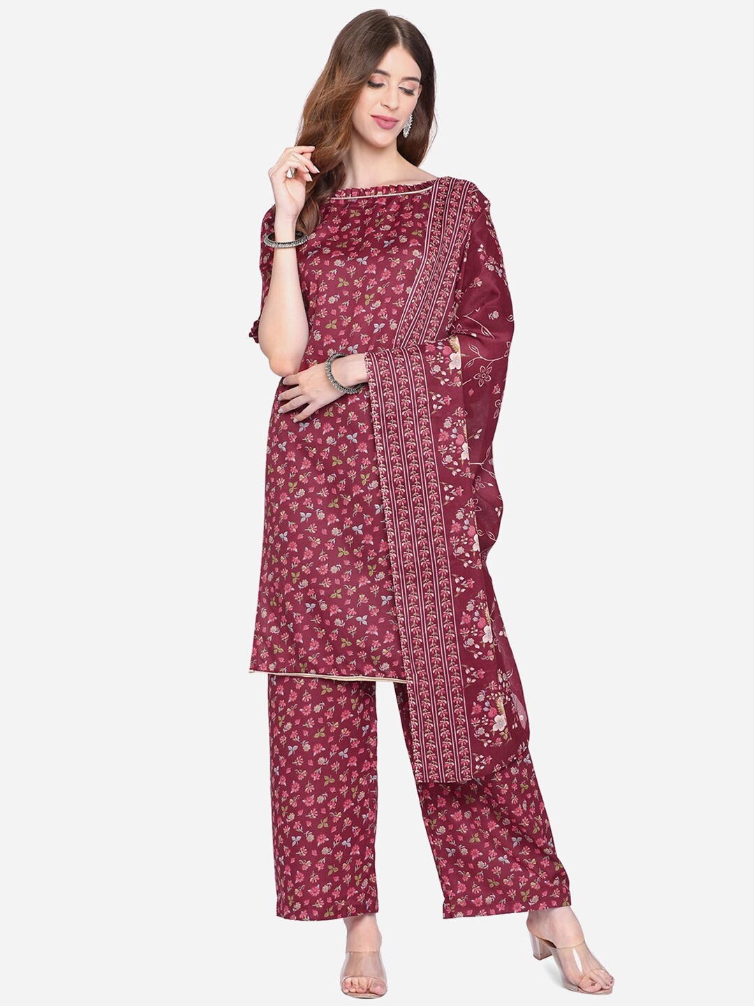 

SHAVYA Burgundy & Green Printed Pure Cotton Unstitched Dress Material