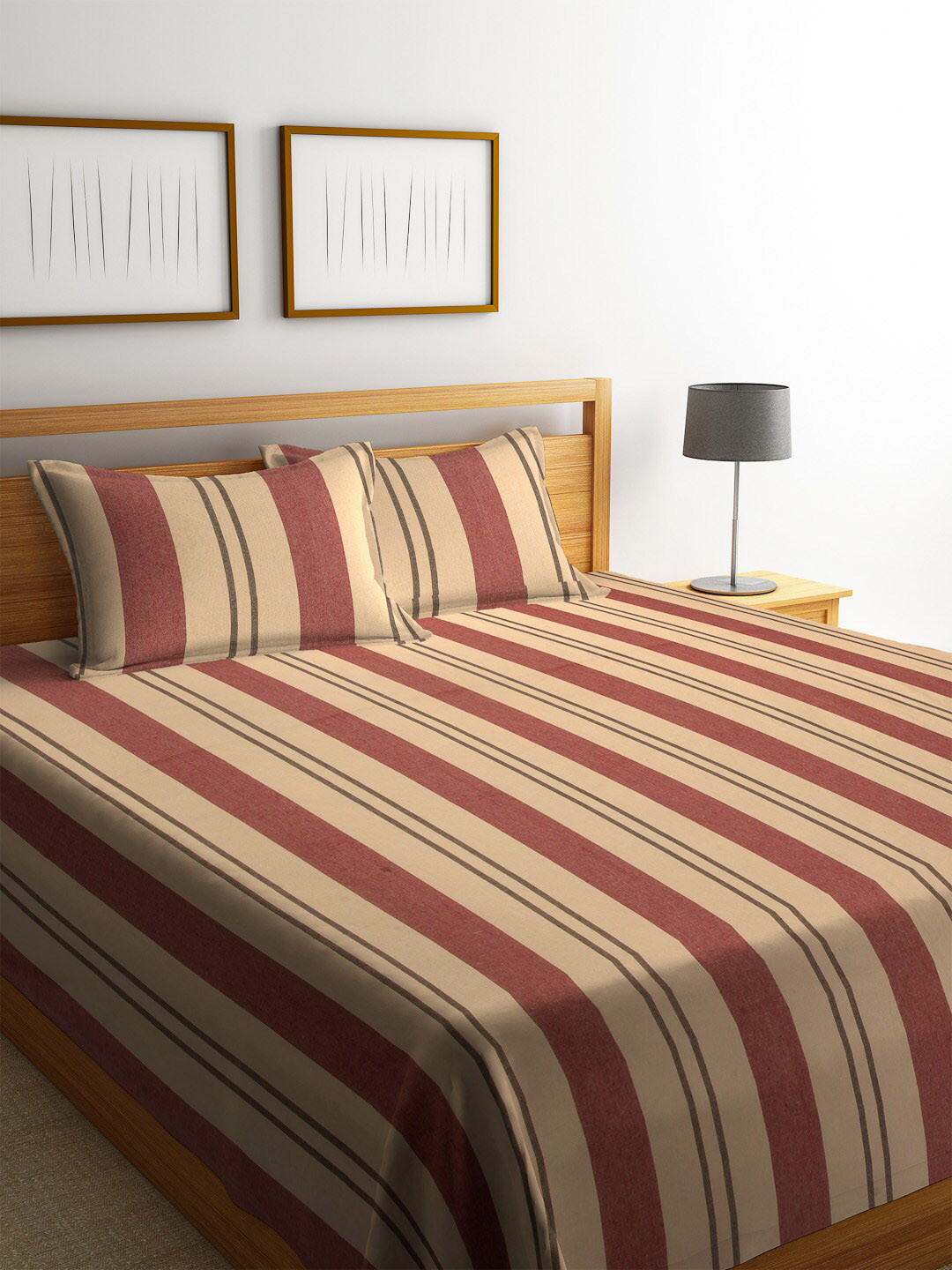 

Arrabi Beige & Maroon Striped Handwoven Cotton Double King Size Bedcover & 2 Pillow Cover