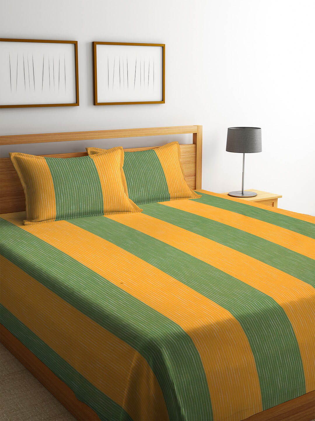 

Arrabi Green & Yellow Striped Double Bed Cover With 2 Pillow Covers
