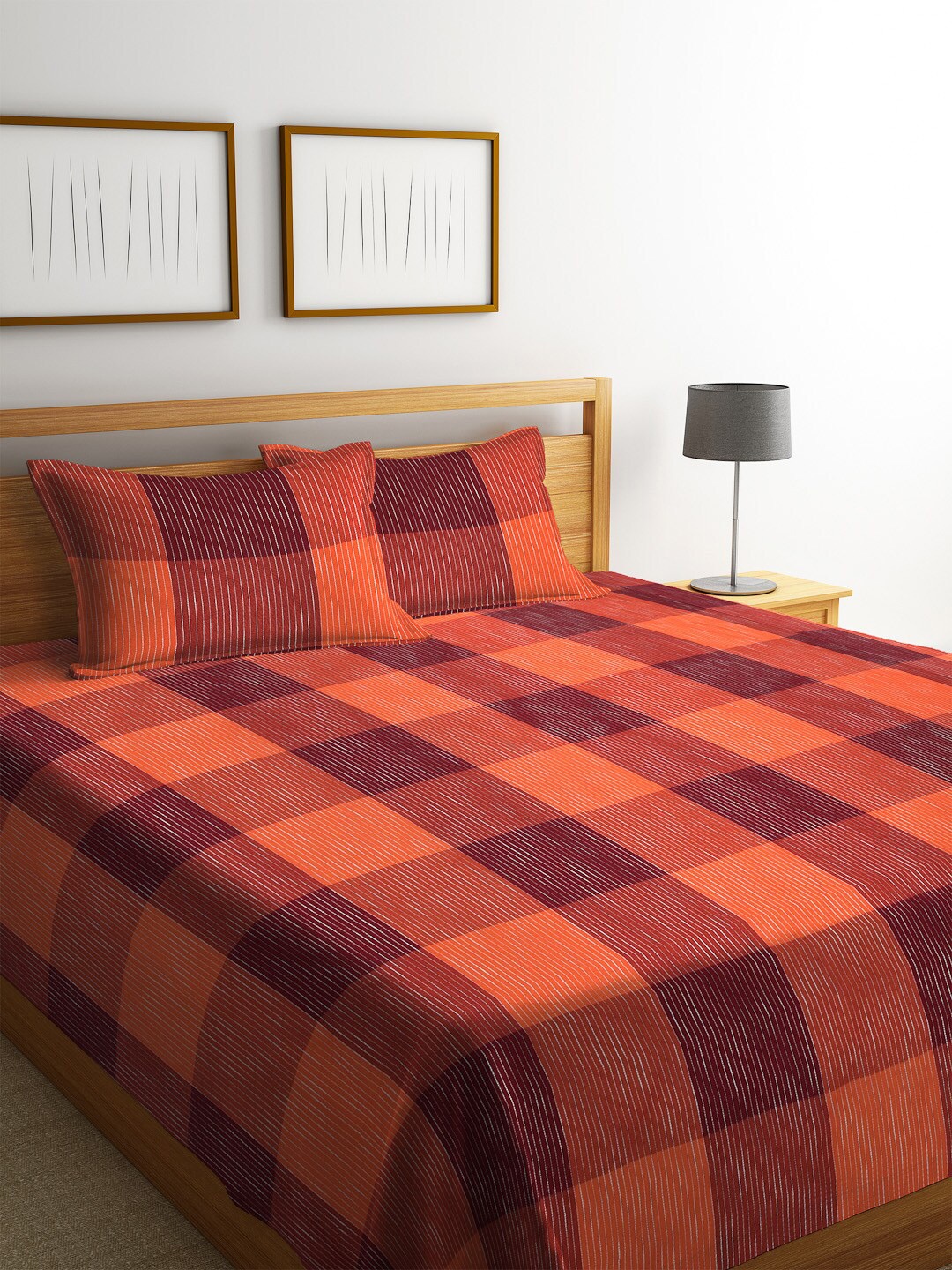 

Arrabi Red & Orange Checked Double Bed Cover With 2 Pillow Covers