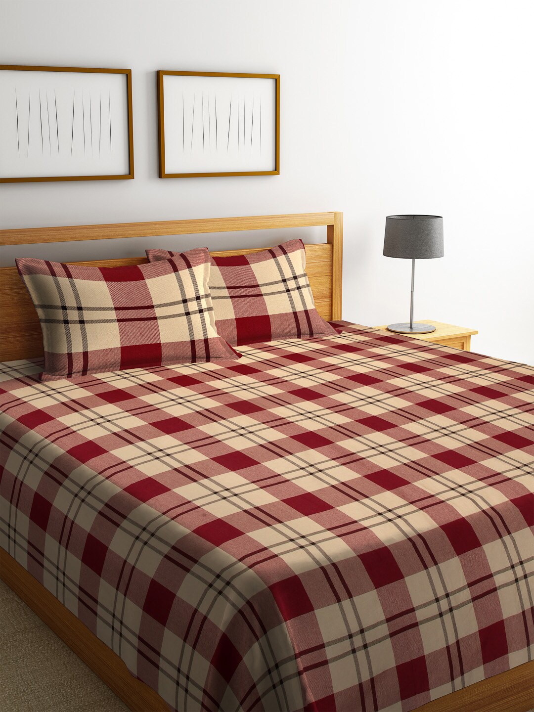 

Arrabi Red & Beige-Colored Checked Double Bed Cover With 2 Pillow Covers