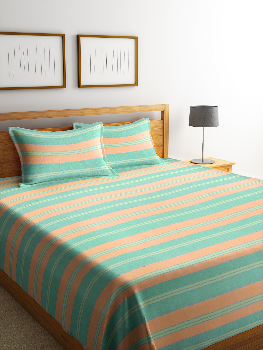 Arrabi Blue & Coral Orange Striped Handwoven Double King Size Bedcover With 2 Pillow Cover