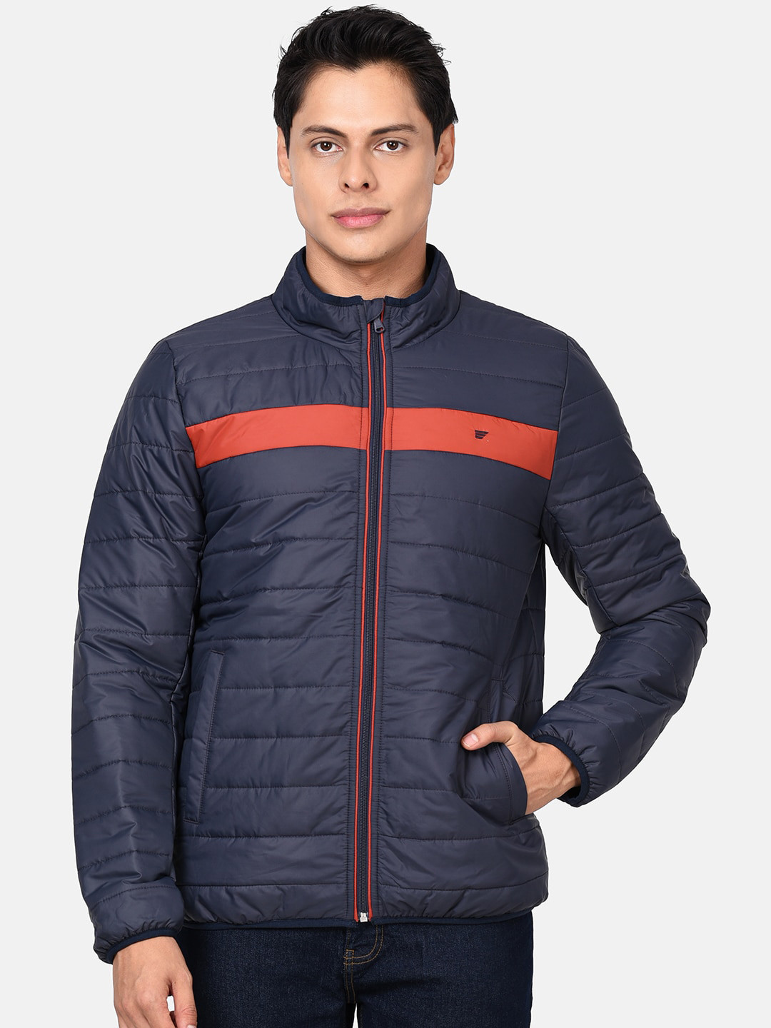

t-base Men Navy Blue Red Colourblocked Lightweight Puffer Jacket