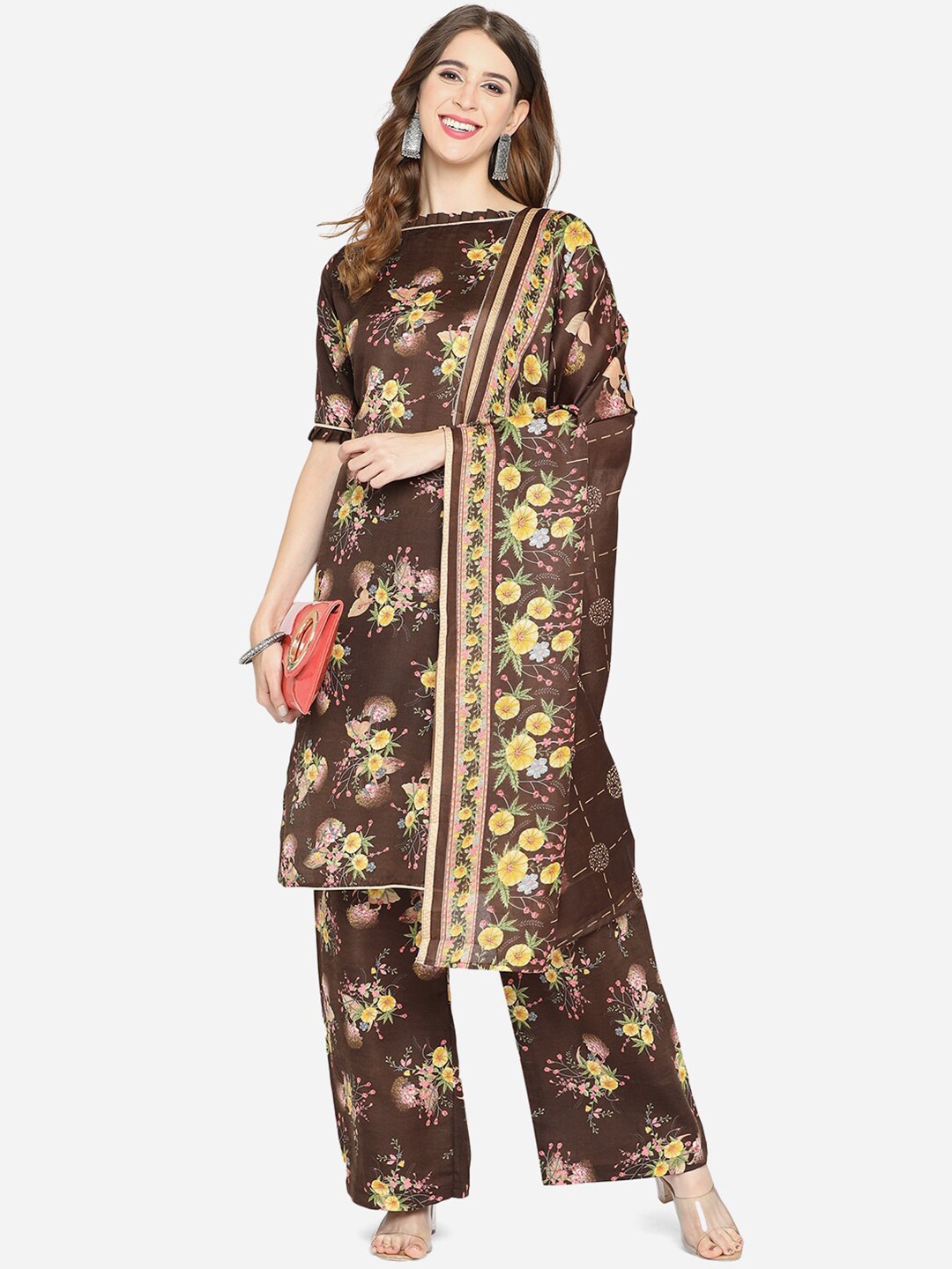 

SHAVYA Brown & Yellow Floral Printed Pure Cotton Unstitched Dress Material