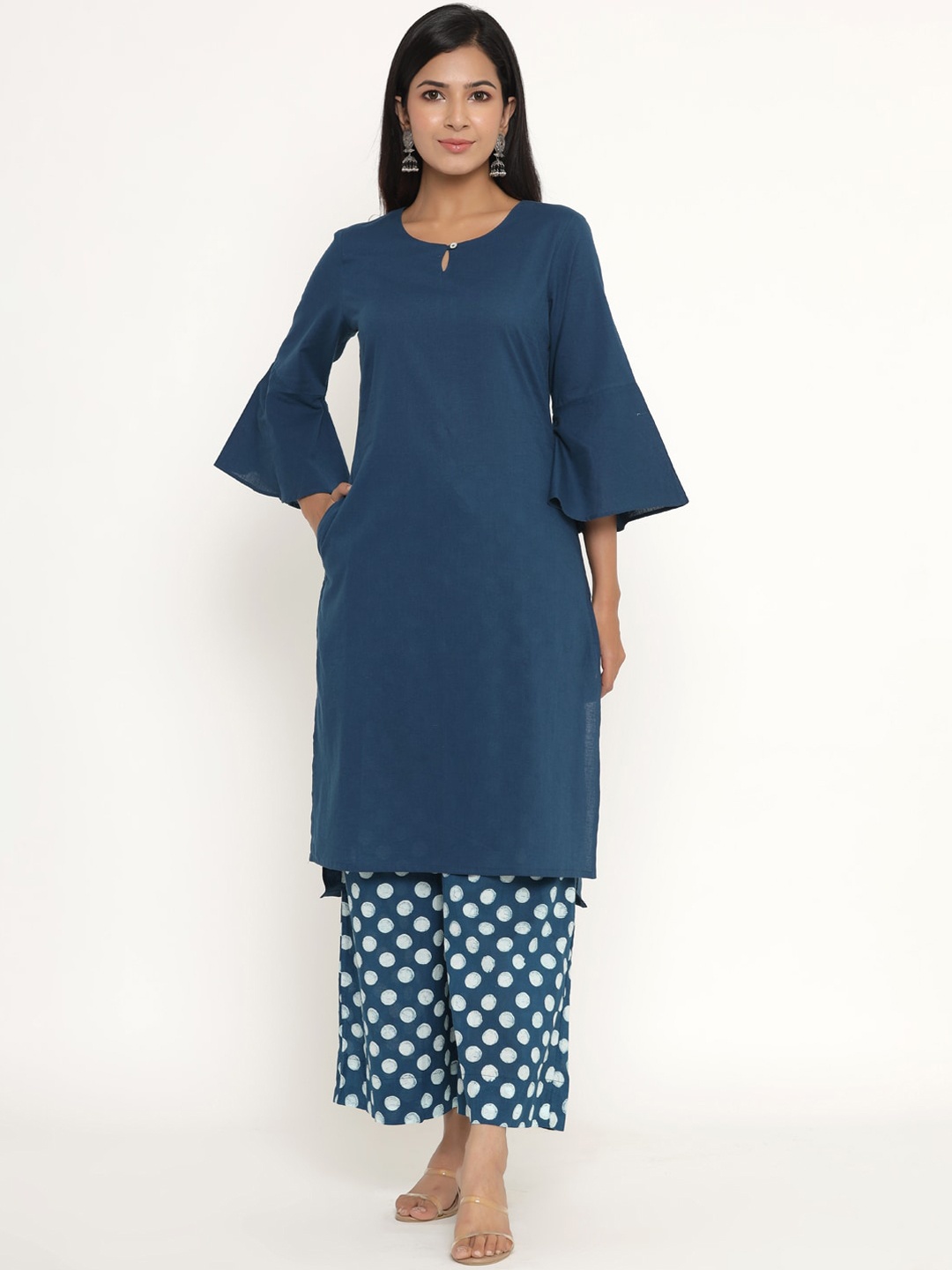 

Sangria Women Blue & White Pure Cotton Solid Straight Kurta With Printed Palazzo Set