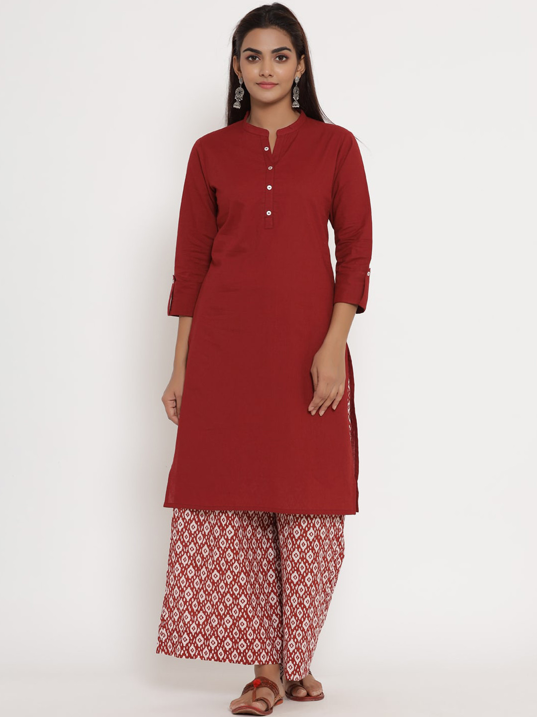 

Sangria Women Maroon & White Pure Cotton Solid Straight Kurta With Printed Palazzo Set