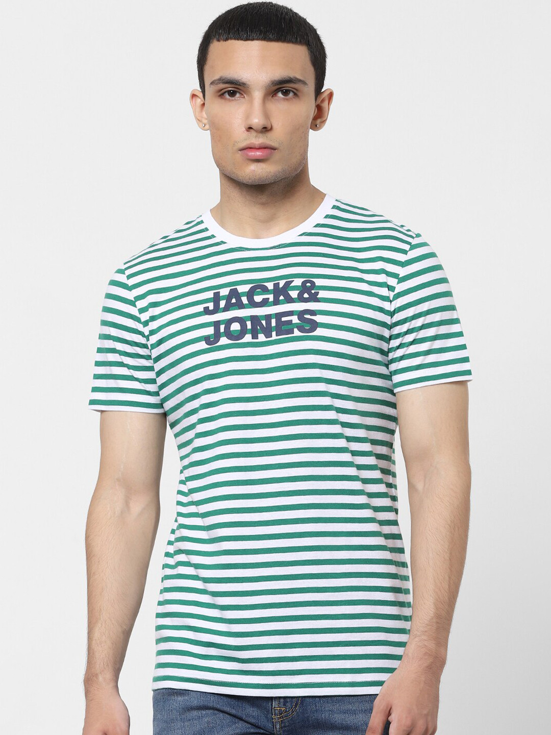 

Jack & Jones Men Green & White Horizontal Striped Casual T-Shirt