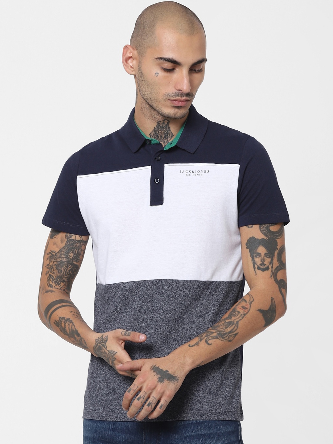 

Jack & Jones Men Navy Blue & White Colourblocked Polo Collar Casual T-Shirt