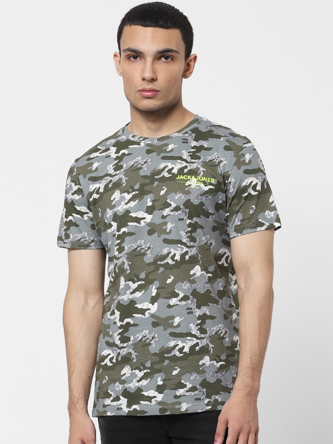 

Jack & Jones Men Grey & burnt olive Camouflage Printed Casual T-Shirt