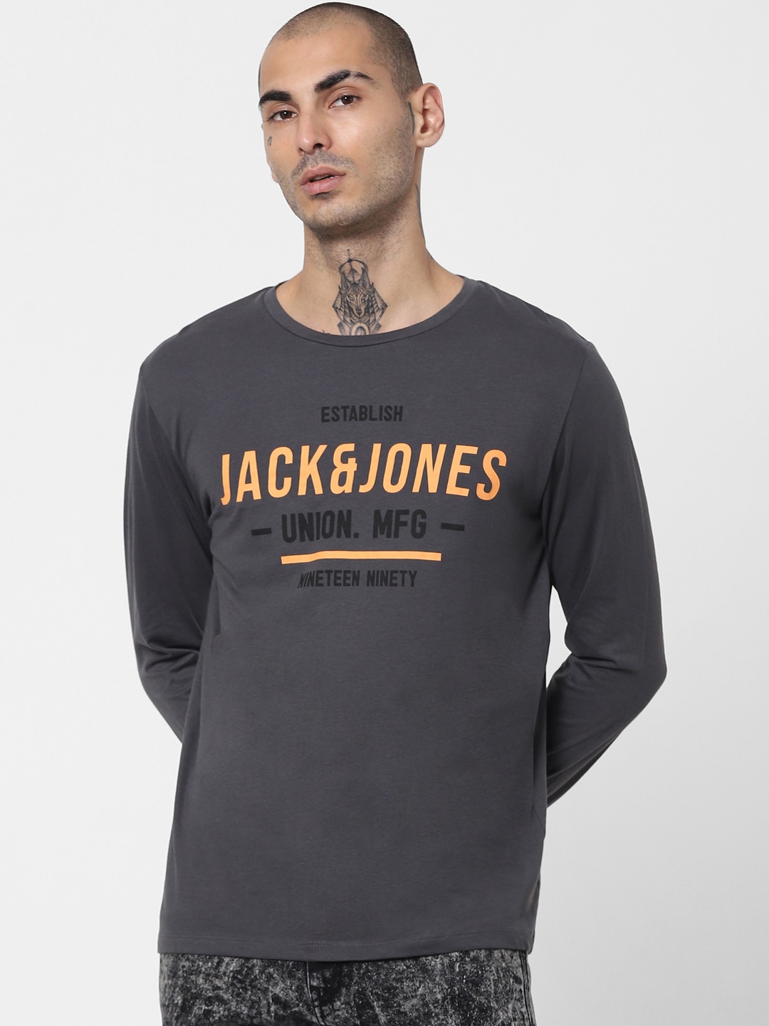 

Jack & Jones Men Grey Typography Printed T-shirt