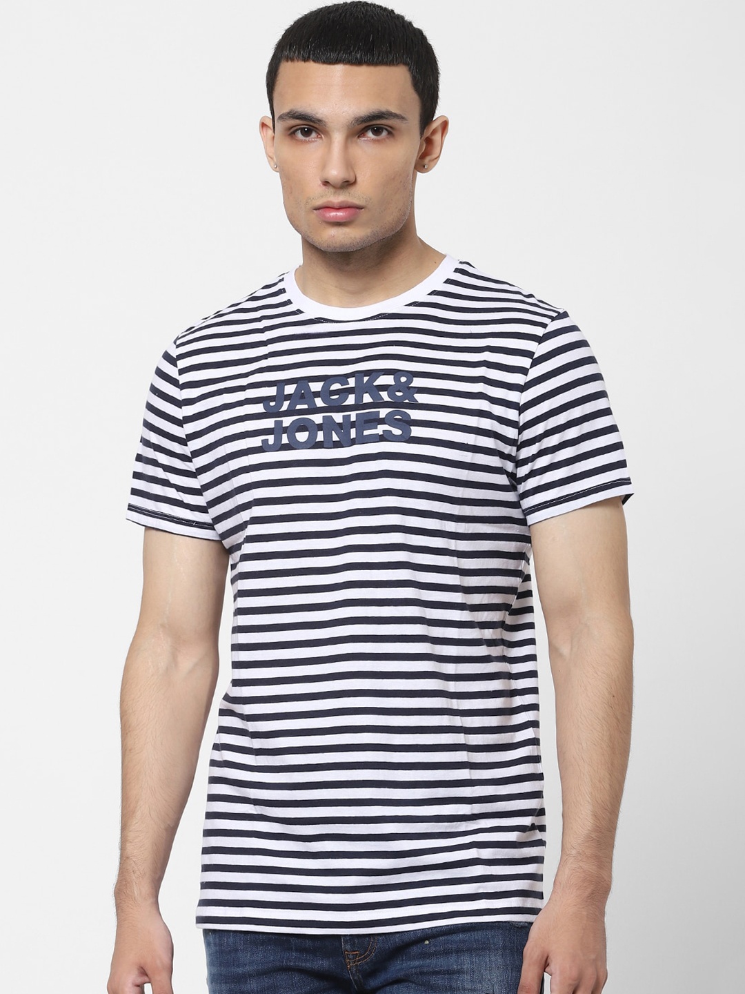 

Jack & Jones Men Navy Blue & White Horizontal Striped Casual T-Shirt