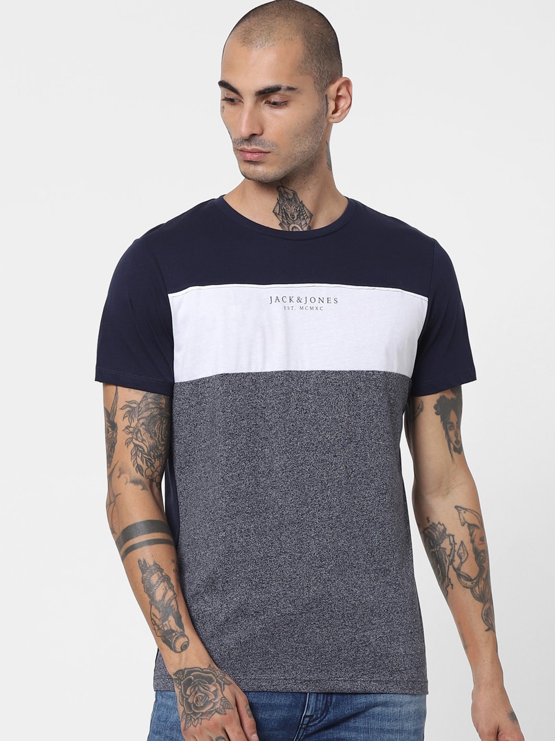 

Jack & Jones Men Navy Blue & Grey Colourblocked Casual T-Shirt