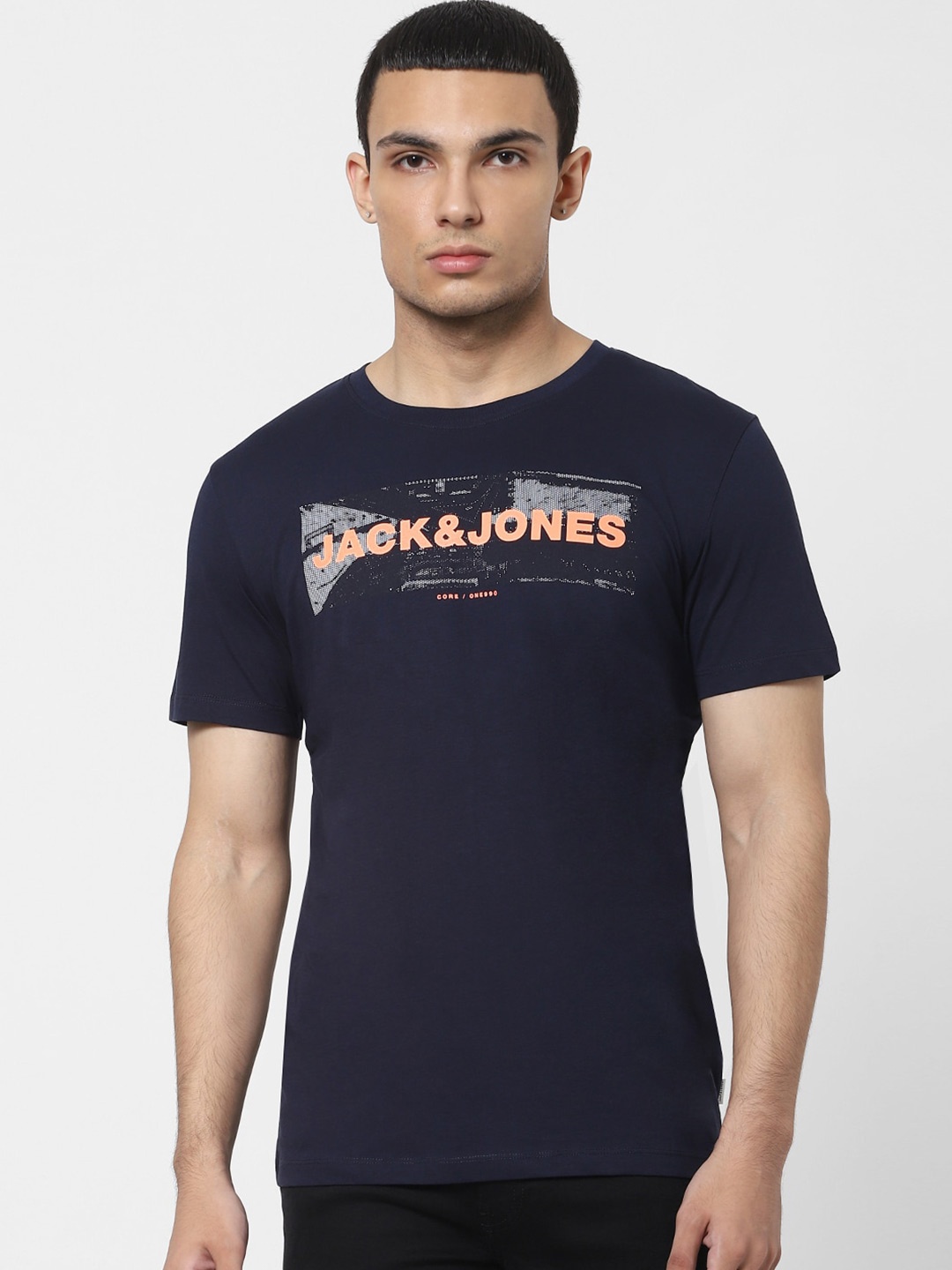 

Jack & Jones Men Navy Blue Typography Printed Casual T-Shirt