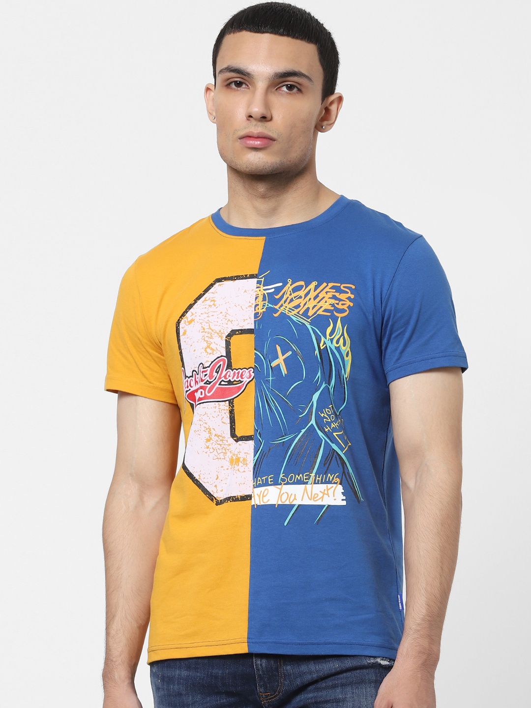 

Jack & Jones Men Yellow & Blue Printed T-shirt