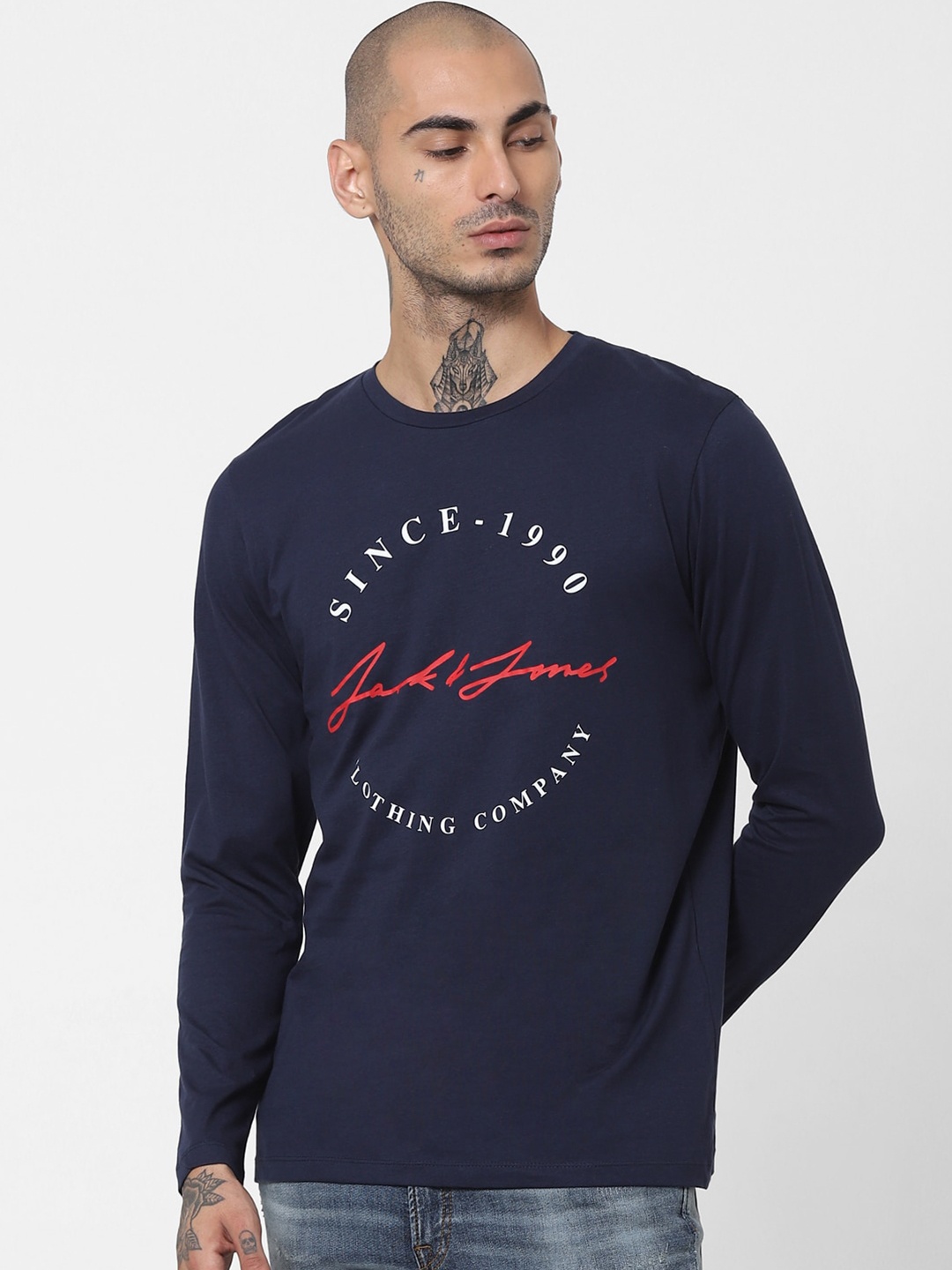 

Jack & Jones Men Navy Blue Typography Printed Casual T-Shirt