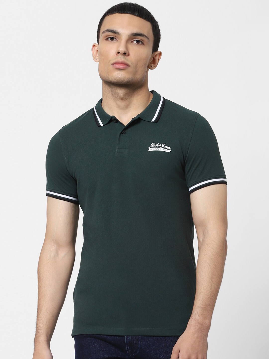 

Jack & Jones Men Green Solid Polo Collar Casual T-Shirt