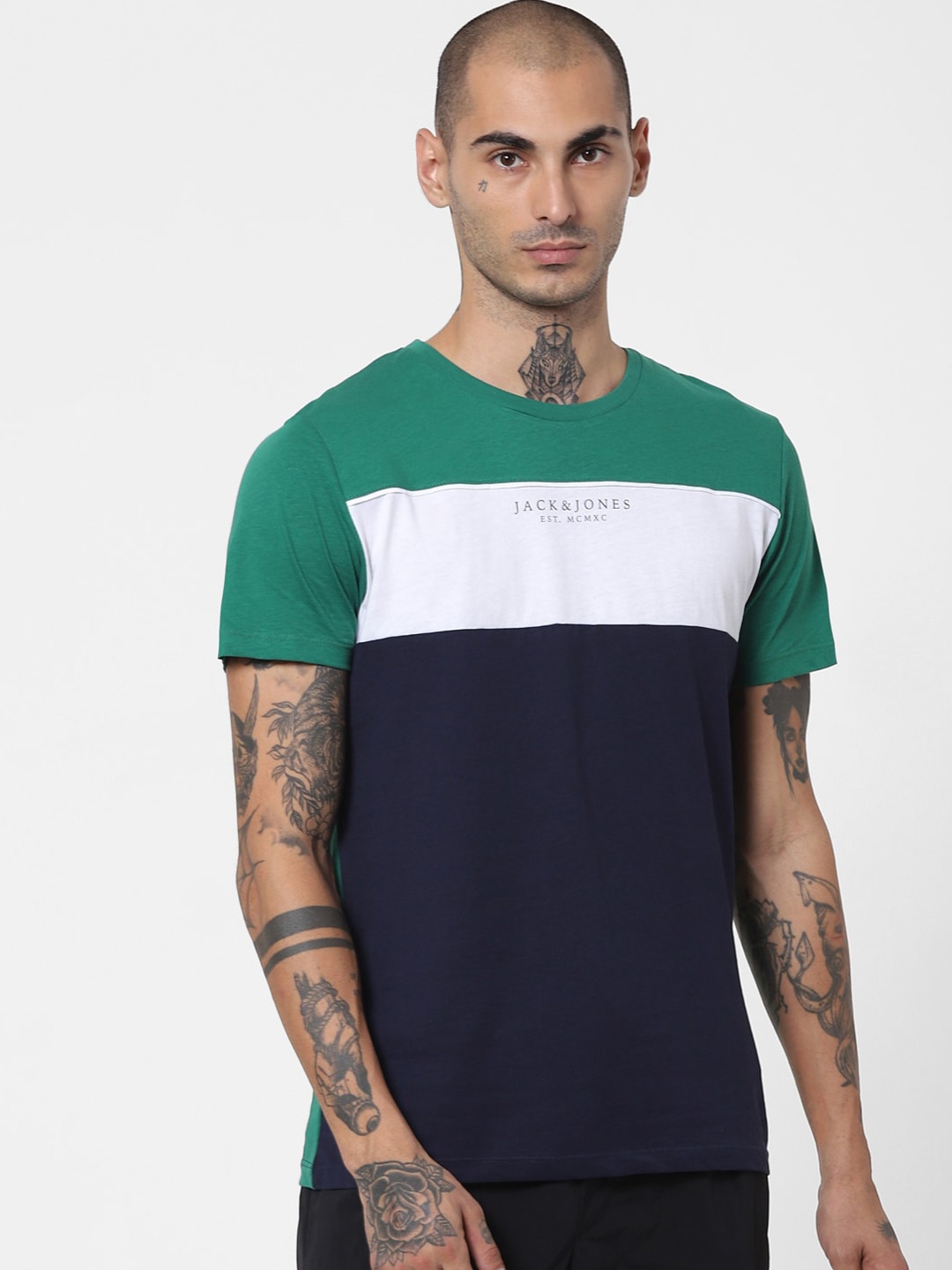 

Jack & Jones Men Green & Navy Blue Colourblocked Casual T-Shirt