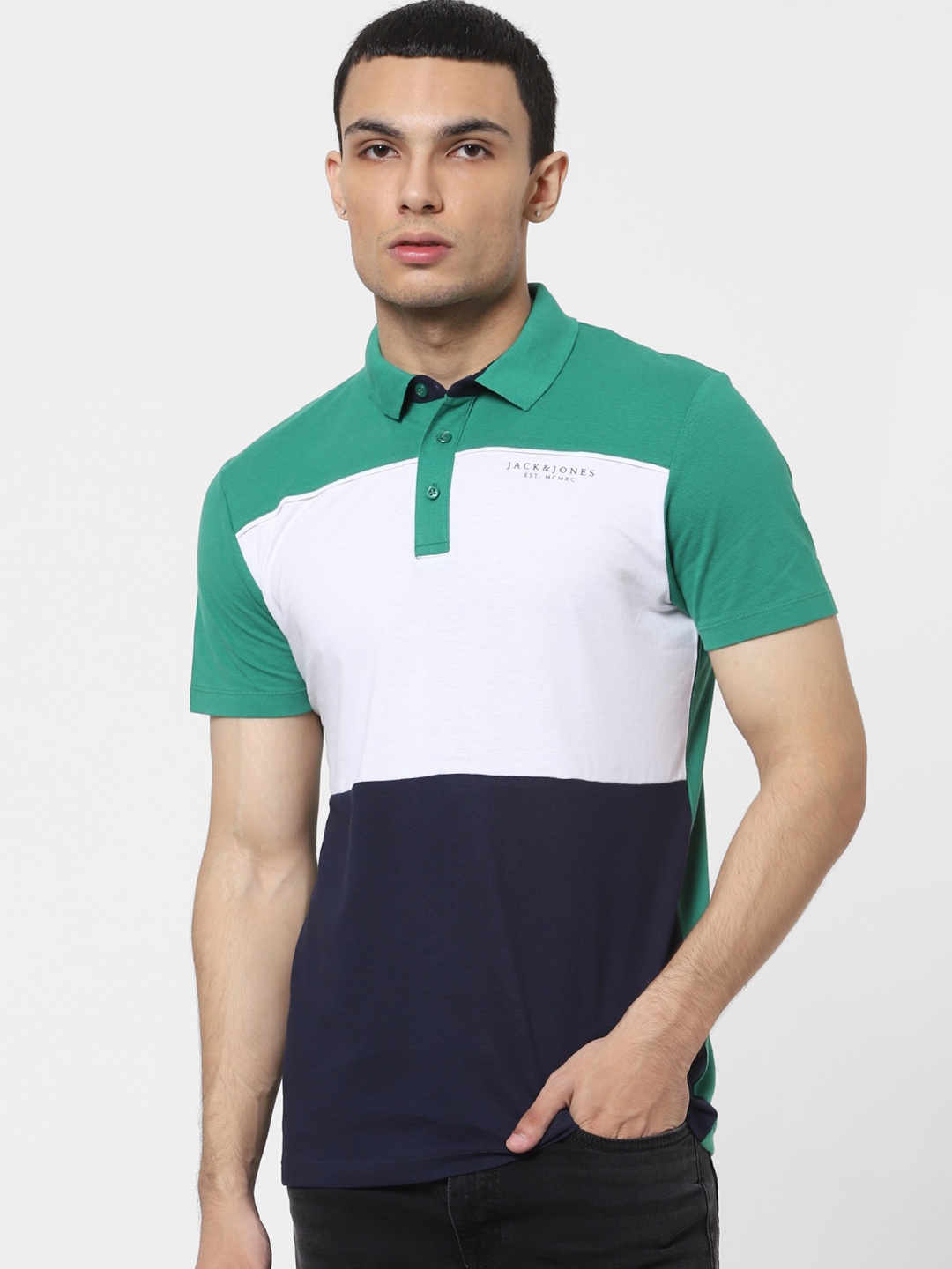 

Jack & Jones Men Green & Navy Blue Colourblocked Polo Collar Casual T-Shirt