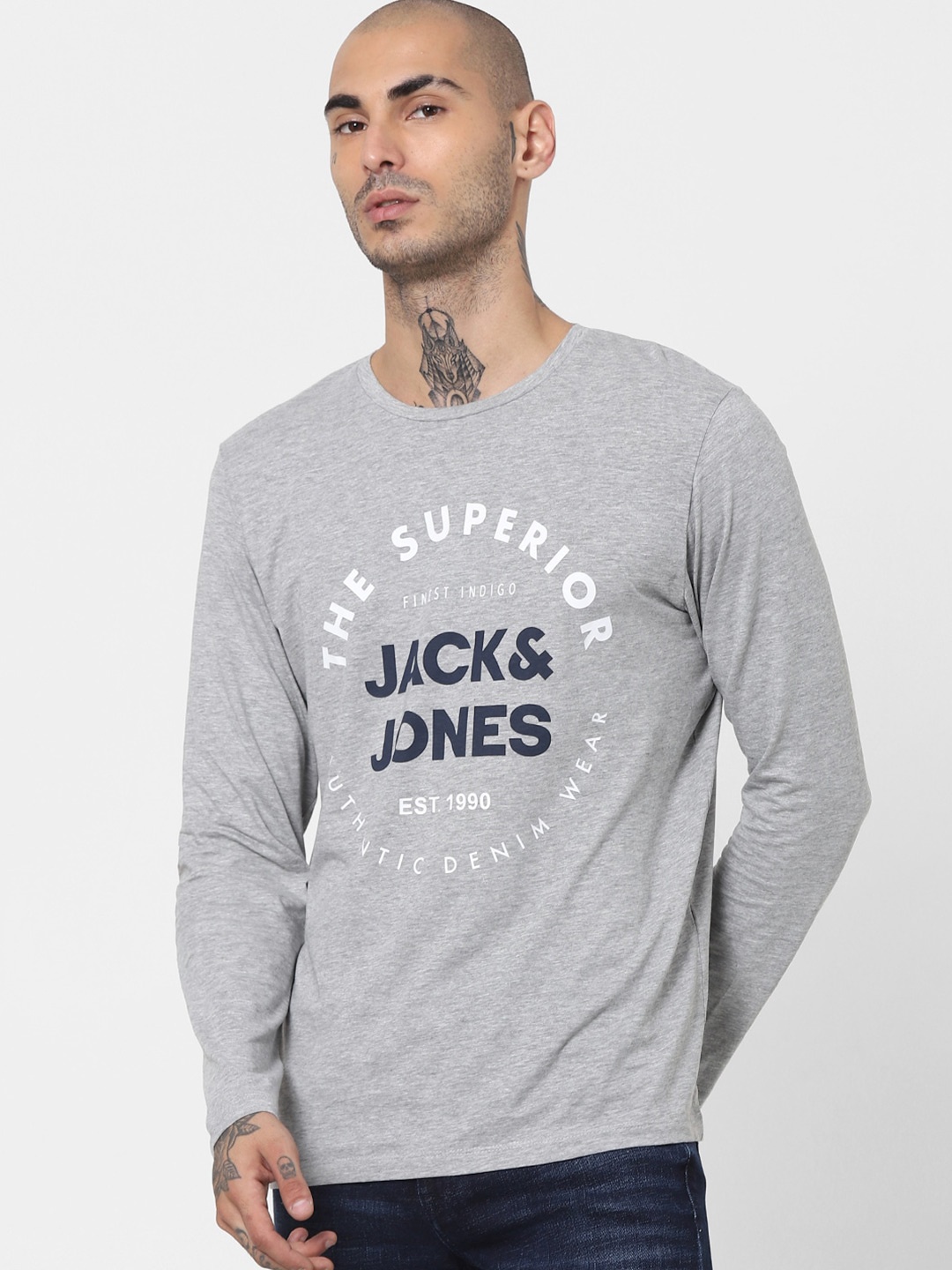 

Jack & Jones Men Grey Typography Printed Casual T-shirt