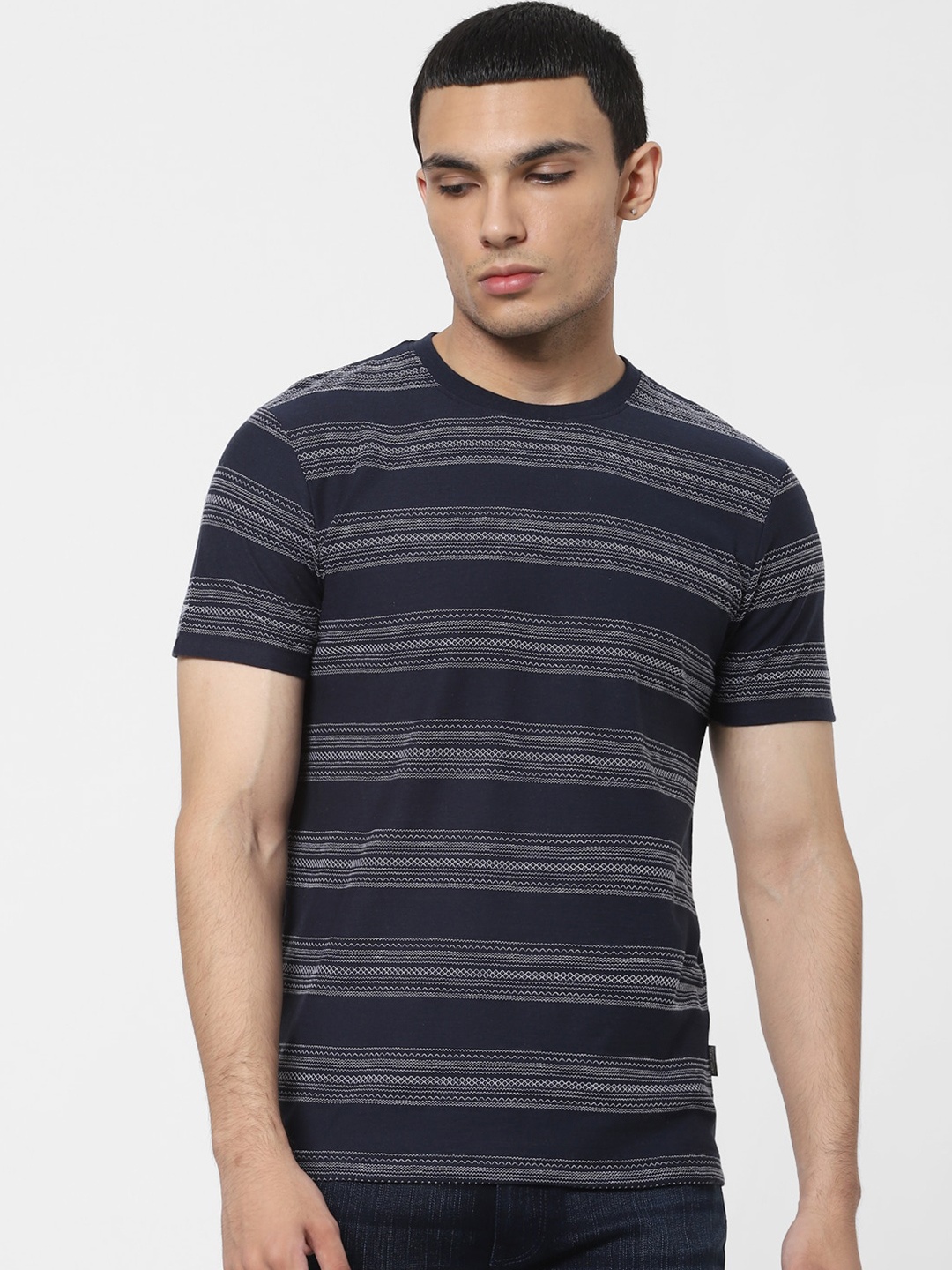 

Jack & Jones Men Navy Blue Horizontal Striped Casual T-Shirt