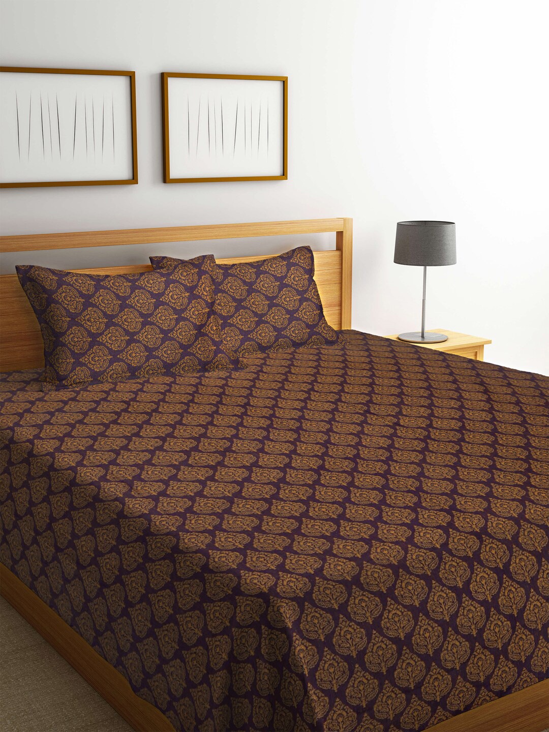 

Arrabi Brown & Blue Ethnic Design Cotton Double King Size Bedcover with 2 Pillow Cover