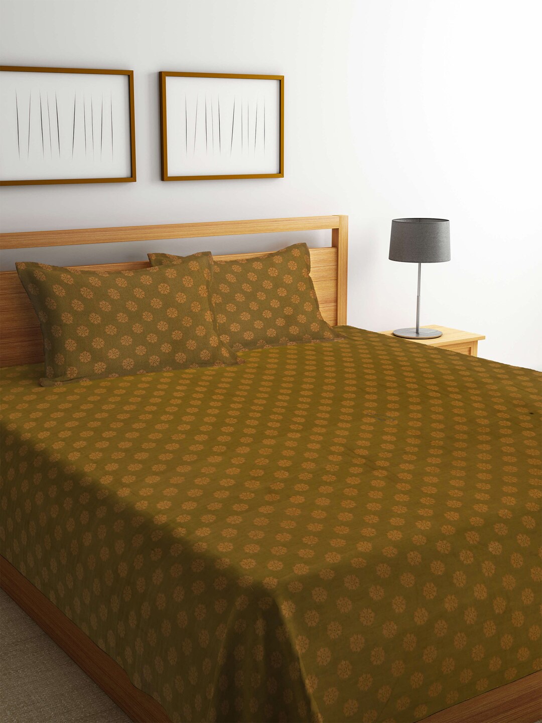

Arrabi Brown Ethnic Motifs Cotton Double Bed Cover With 2 Pillow Covers