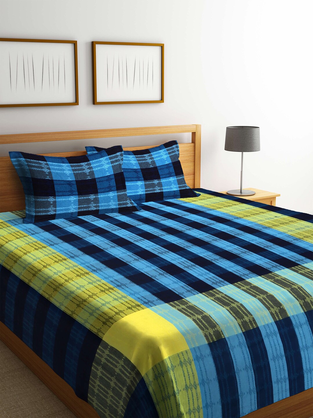 

Arrabi Blue Striped Cotton Double Bed Cover With 2 Pillow Covers
