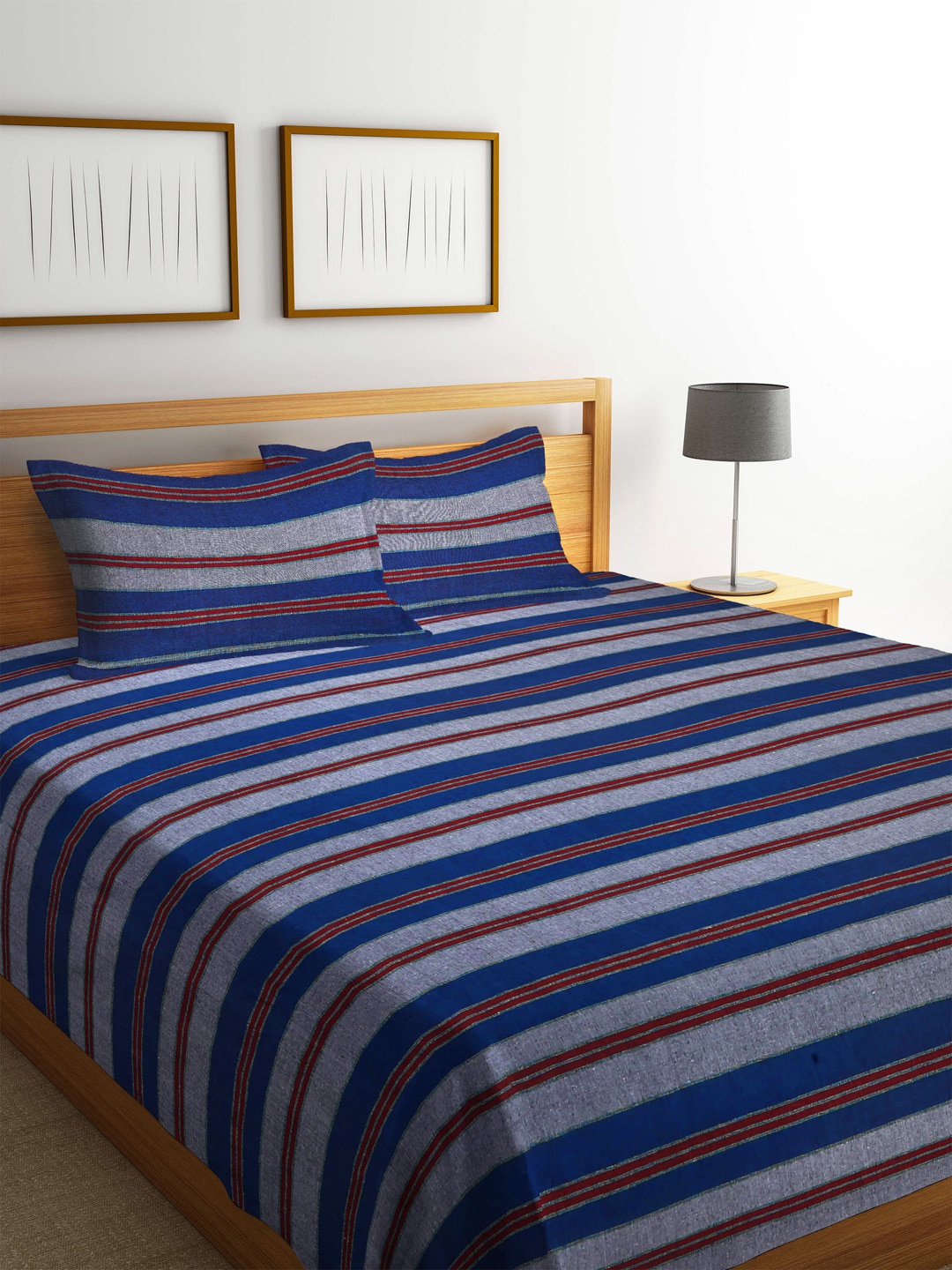 Arrabi Blue & Grey Striped Handwoven Cotton Double King Size Bedcover with 2 Pillow Cover