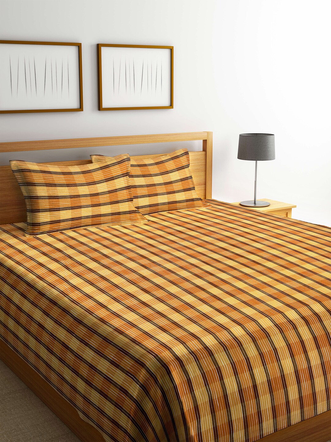 

Arrabi Brown & Yellow Striped Cotton Super King Size Bedcover with 2 Pillow Cover