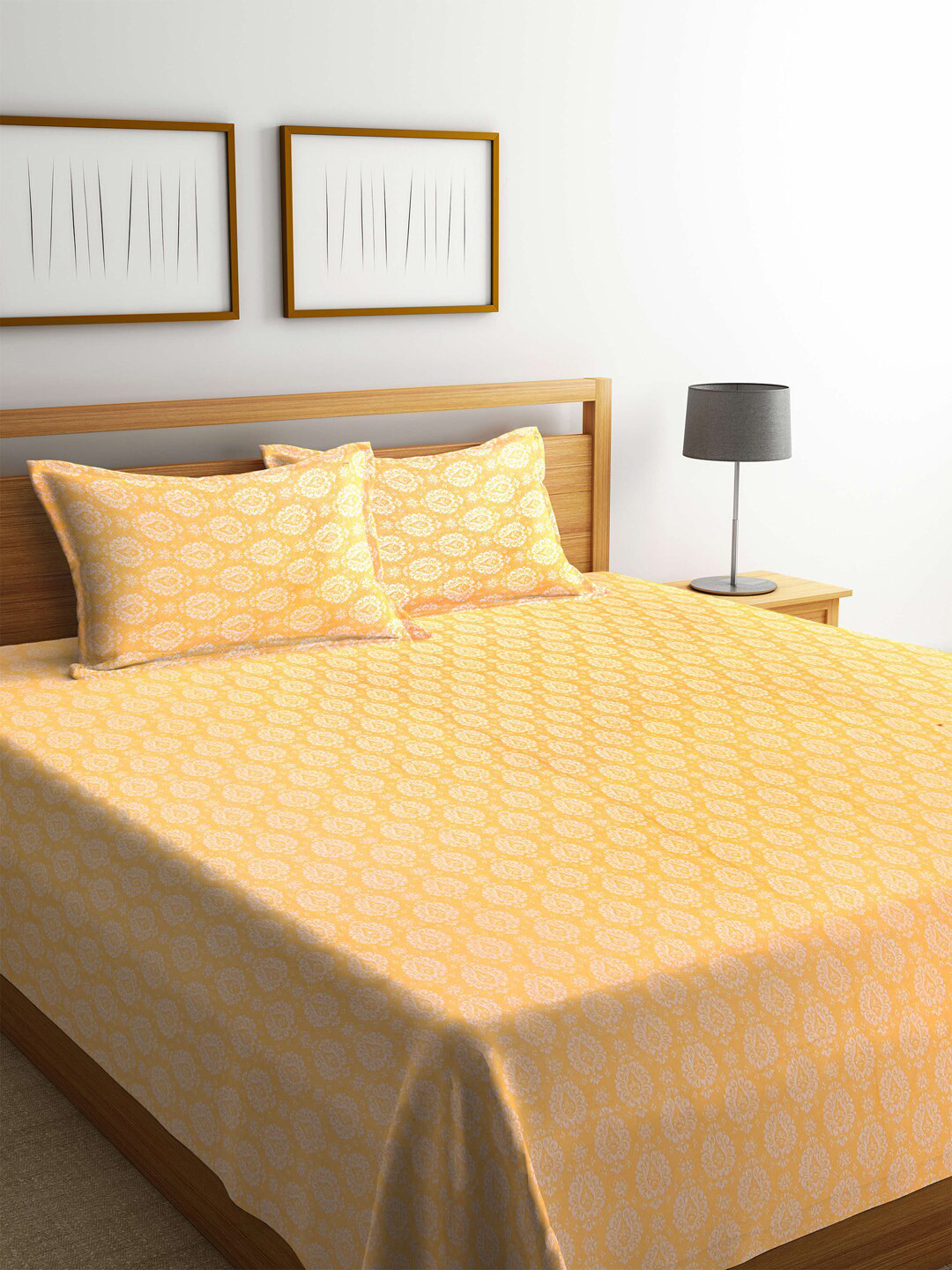 

Arrabi Yellow & White Ethnic Motifs Cotton Super King Size Bedcover with 2 Pillow Cover