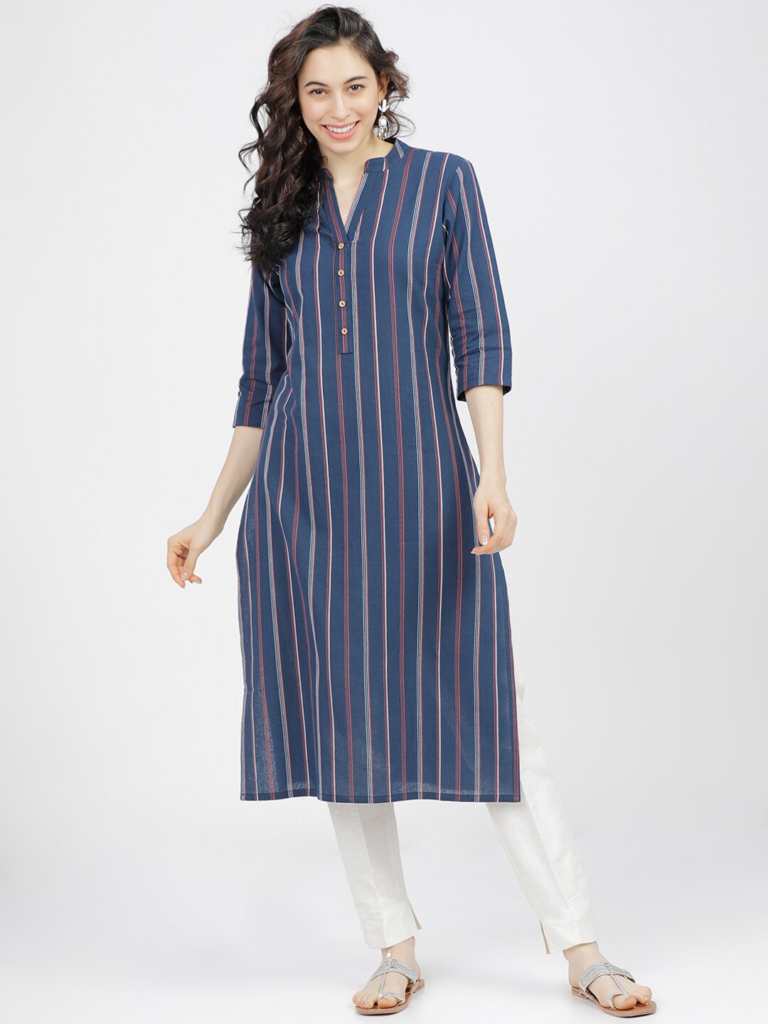 

Vishudh Women Navy Blue Striped Kurta