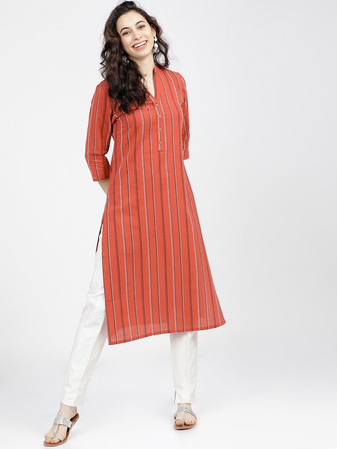 

Vishudh Women Rust Red Striped Kurta