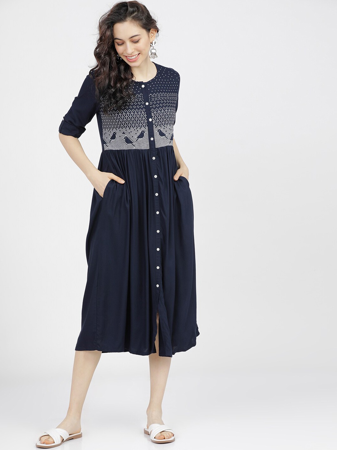

Vishudh Navy Blue & White Ethnic Motifs Midi Dress