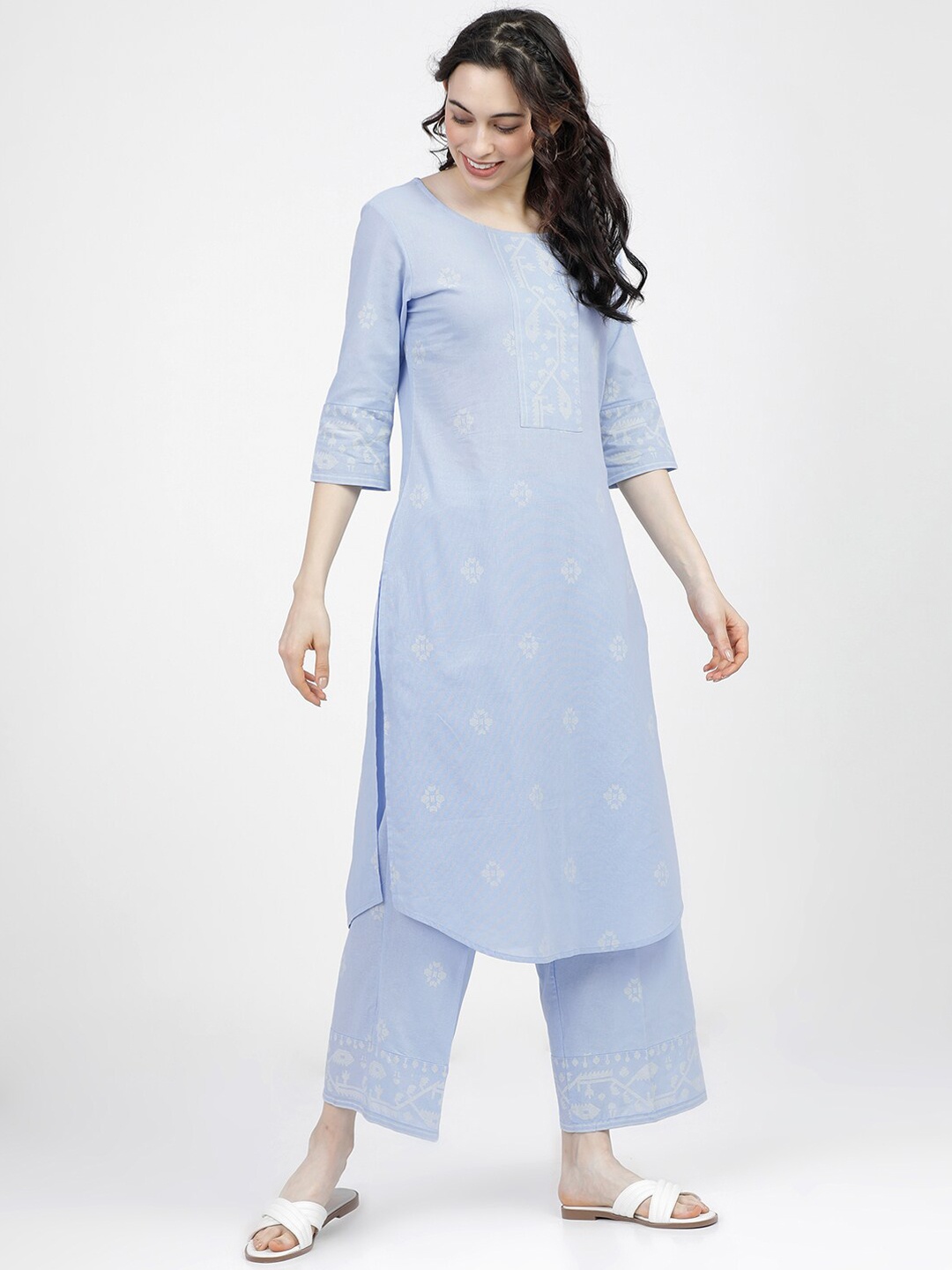 

Vishudh Women Blue Ethnic Motifs Printed Regular Pure Cotton Kurta with Palazzos