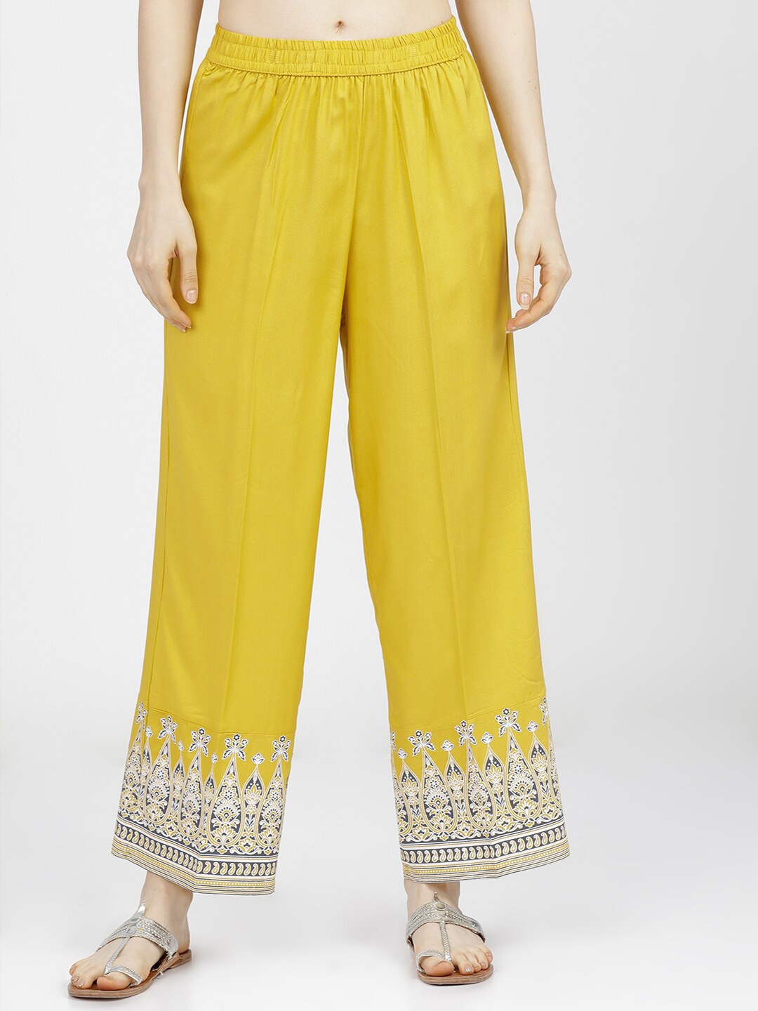 

Vishudh Women Mustard Yellow & Grey Ethnic Motifs Hem Design Cropped Palazzos