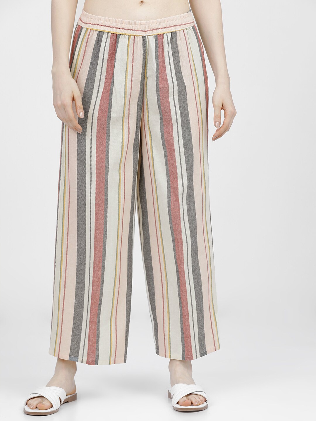 

Vishudh Women Cream-Coloured & Grey Striped Cropped Palazzos