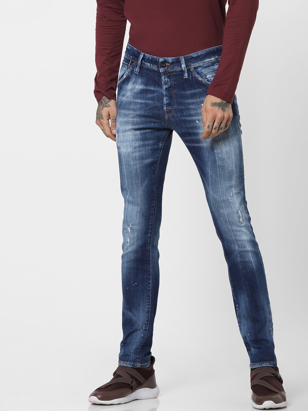 

Jack & Jones Men Blue Skinny Fit Low-Rise Mildly Distressed Heavy Fade Jeans