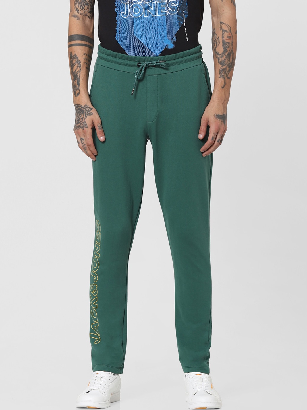 

Jack & Jones Men Green Brand Logo Printed Cotton Relaxed-Fit Track Pants