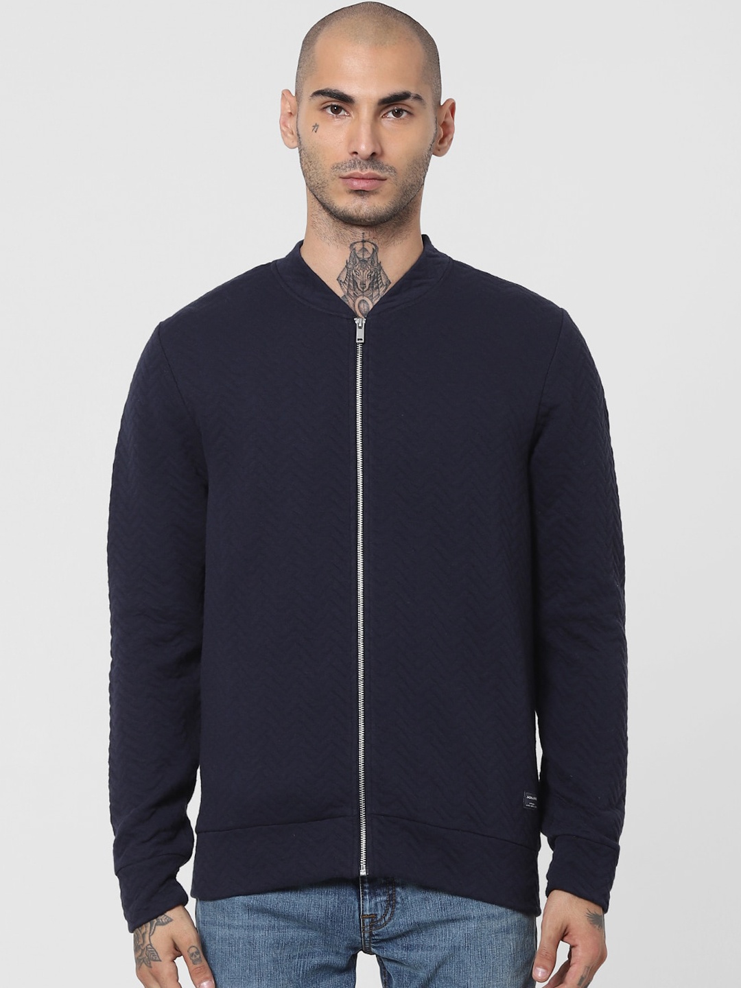 

Jack & Jones Men Navy Blue Textured Sweatshirt