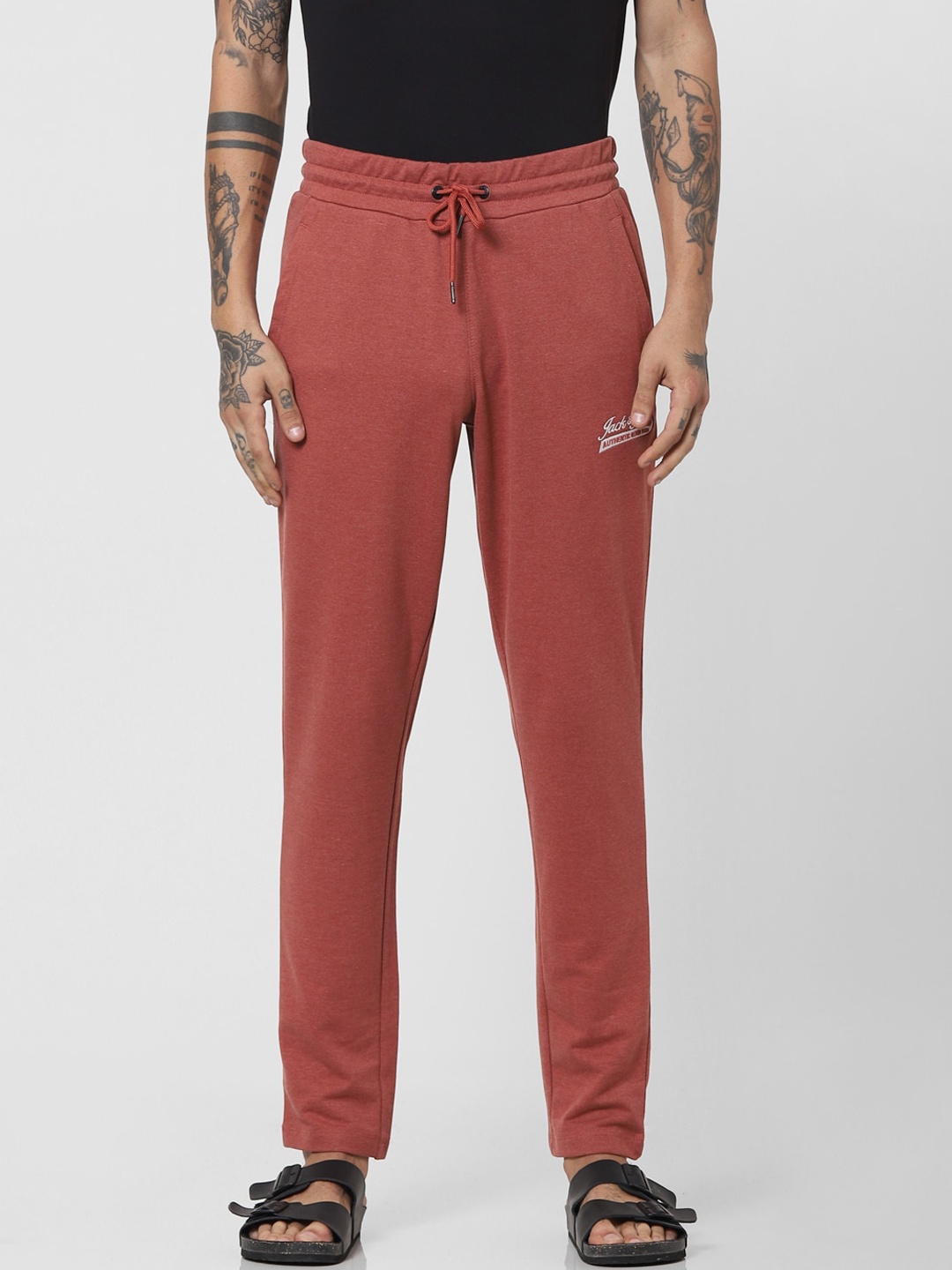 

Jack & Jones Men Coral Red Solid Pure Cotton Relaxed-Fit Track Pants