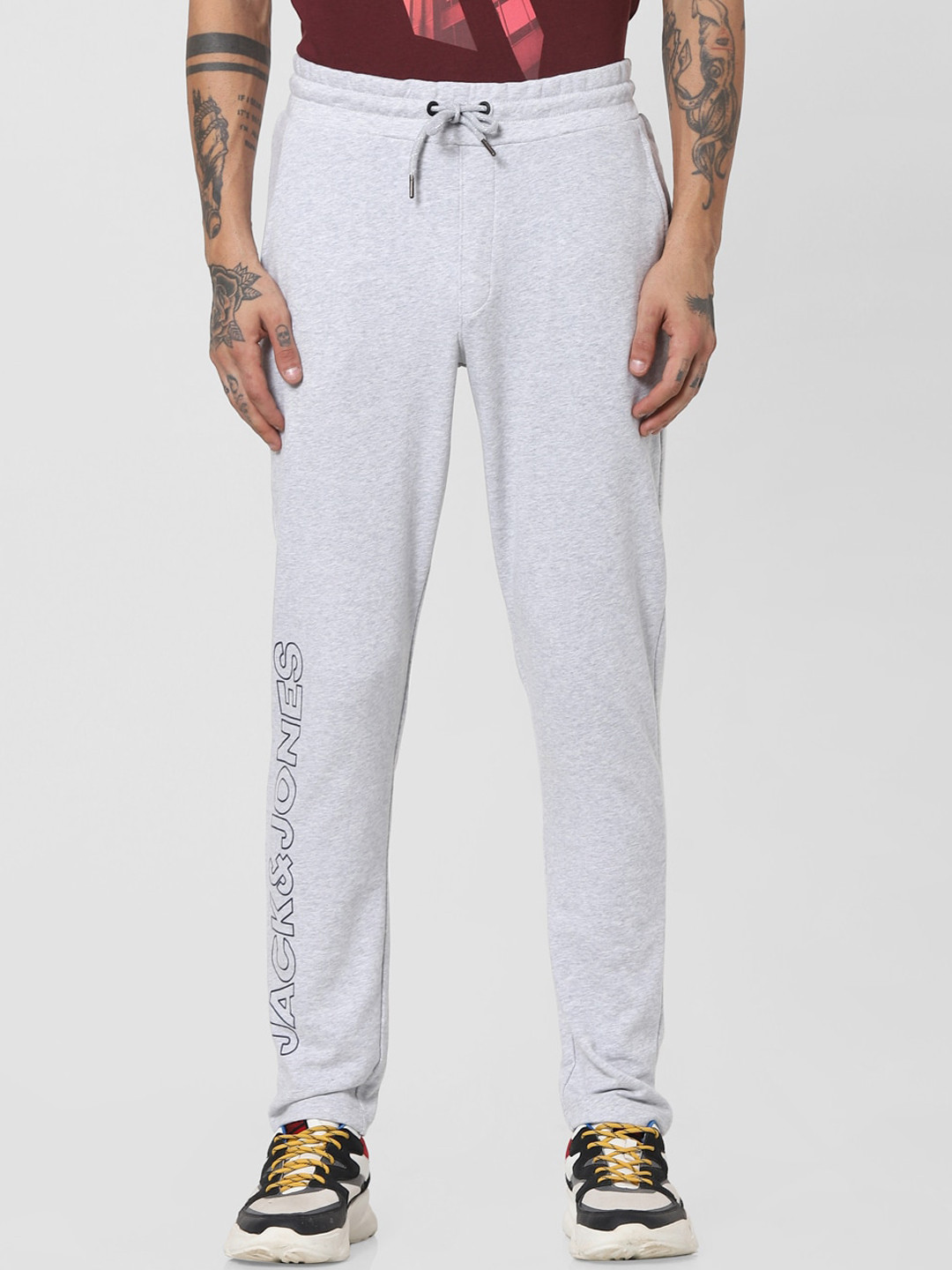 

Jack & Jones Men Grey & Black Typography Printed Cotton Track Pants