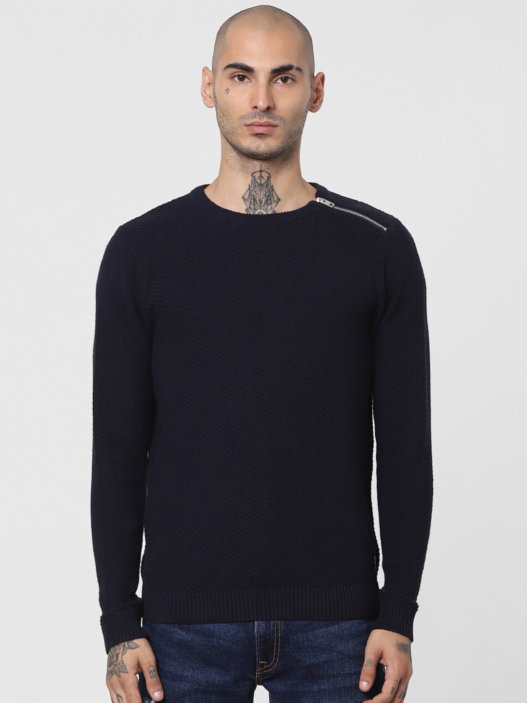 

Jack & Jones Men Navy Blue Textured Sweater
