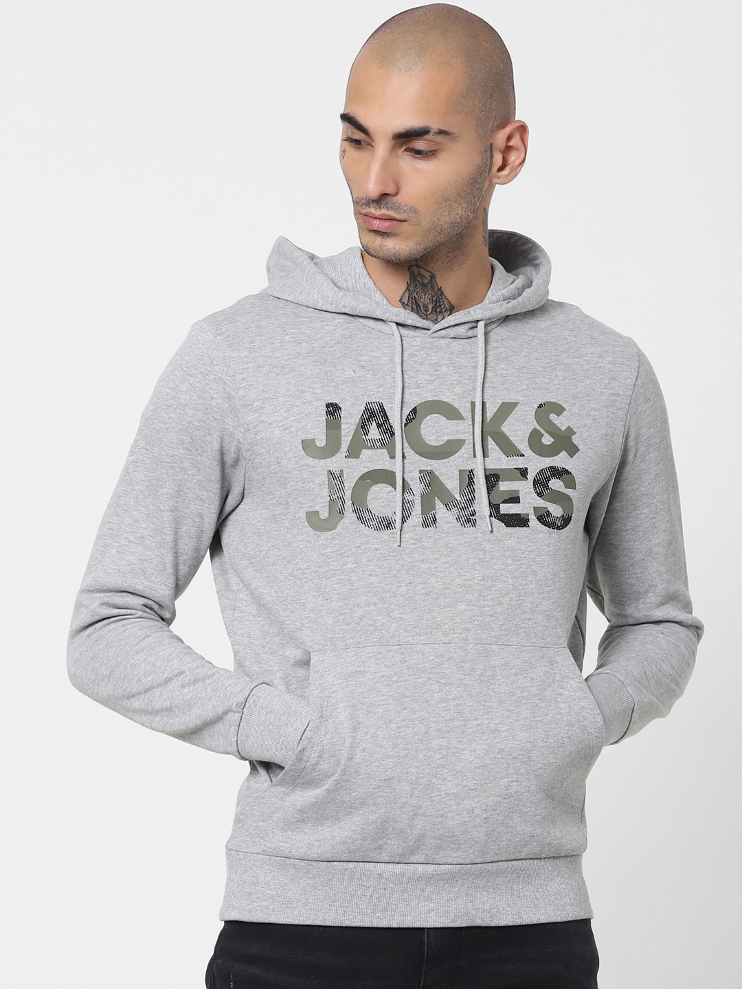 

Jack & Jones Men Grey Printed Cotton Hooded Sweatshirt