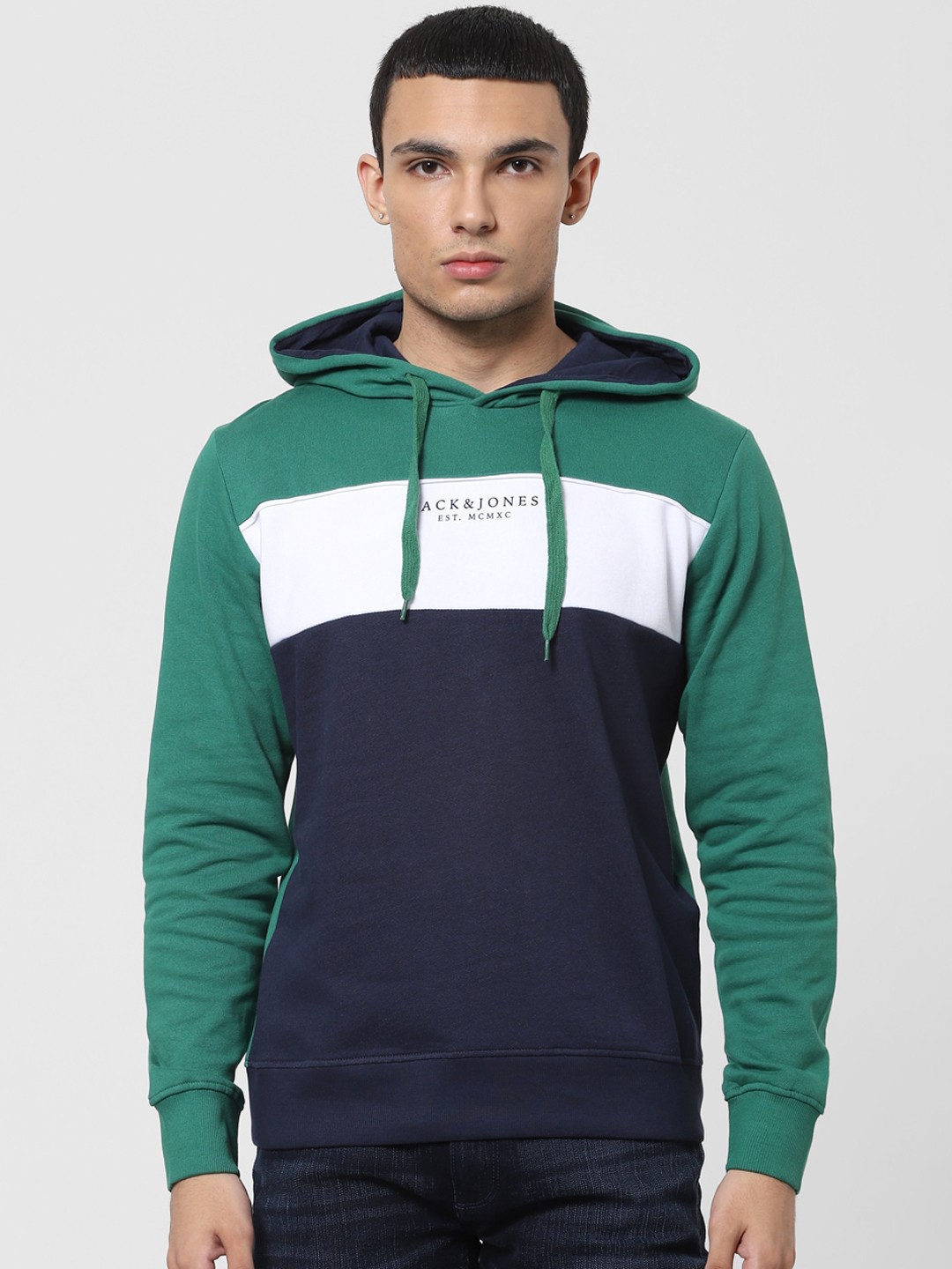 

Jack & Jones Men Green & Navy Blue Colourblocked Pullover Hooded Sweatshirt