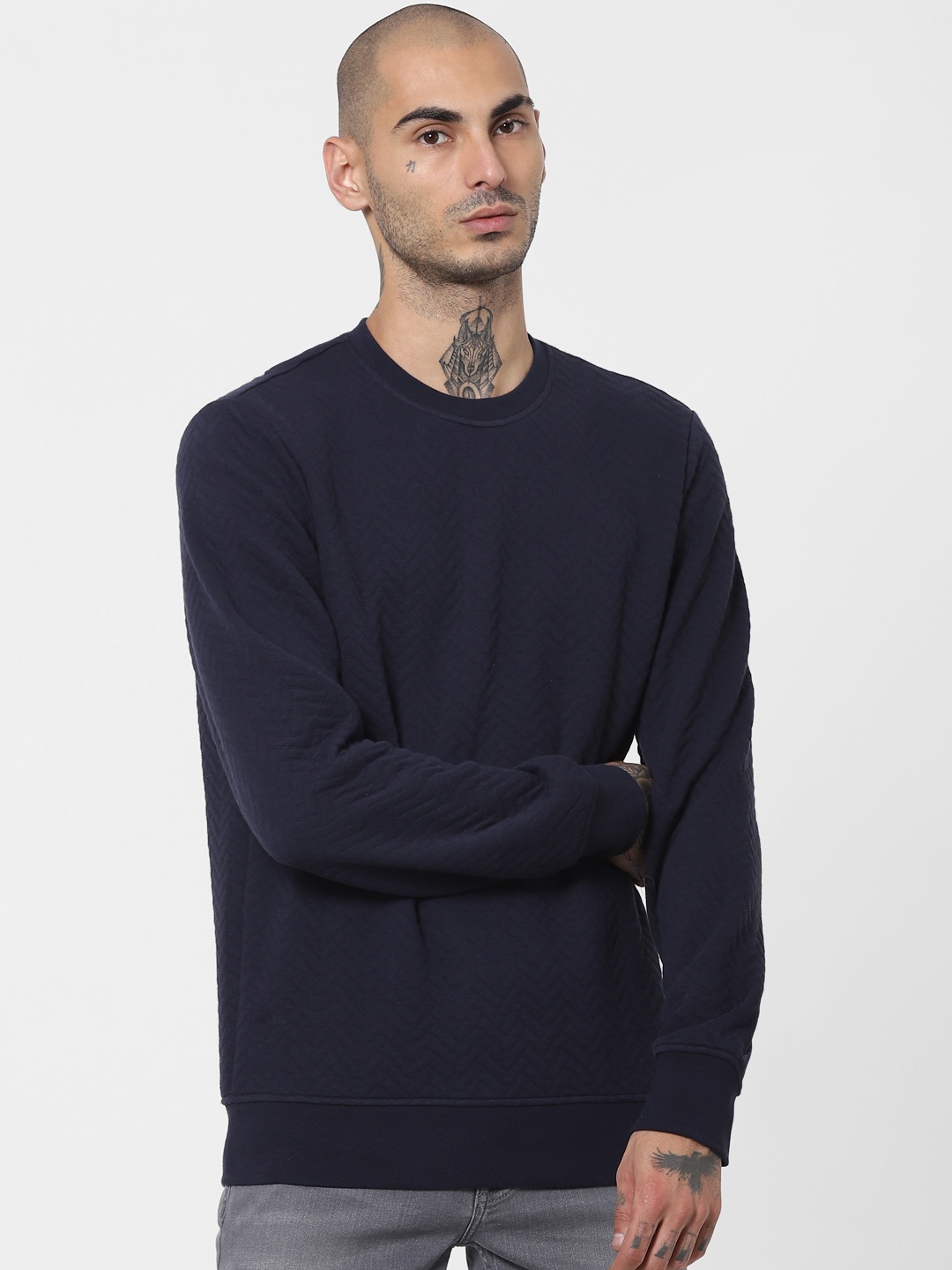 

Jack & Jones Men Navy Blue Textured Pullover Sweatshirt