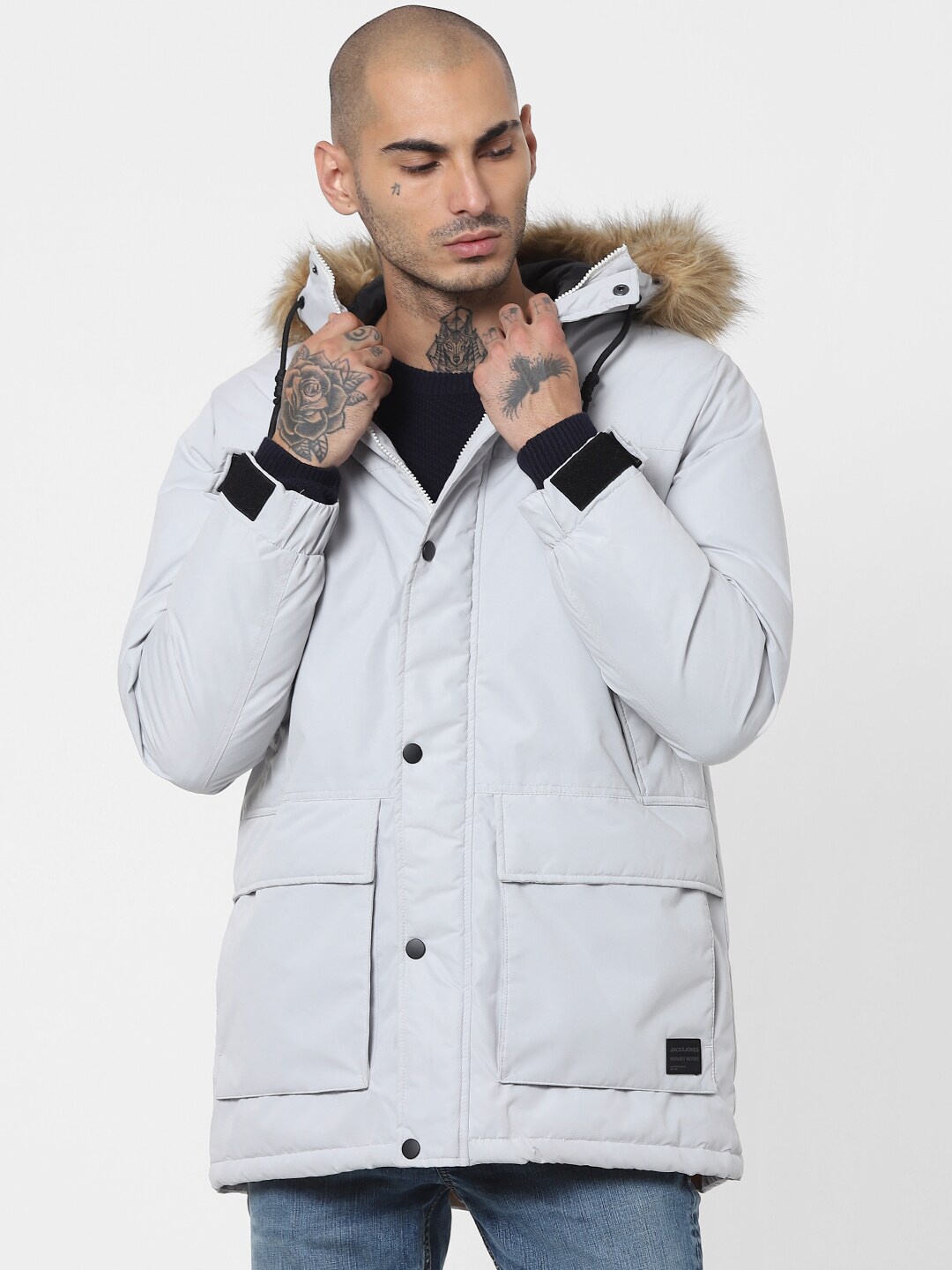 

Jack & Jones Men Grey Solid Longline Hooded Parka Jacket