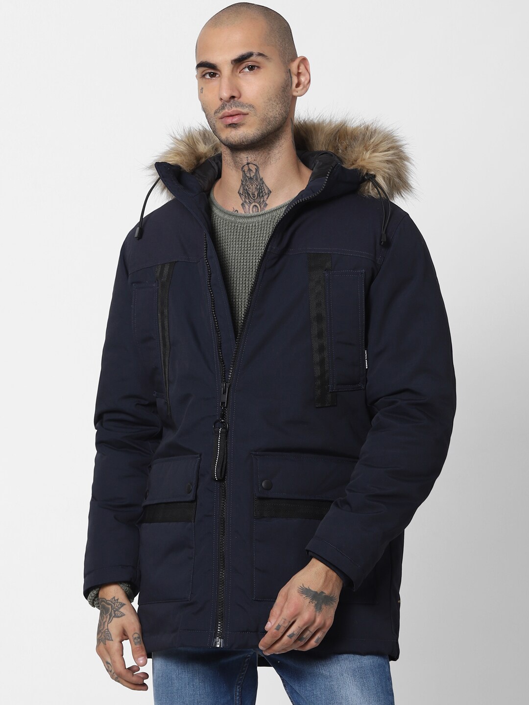 

Jack & Jones Men Navy Blue Longline Hooded Parka Jacket