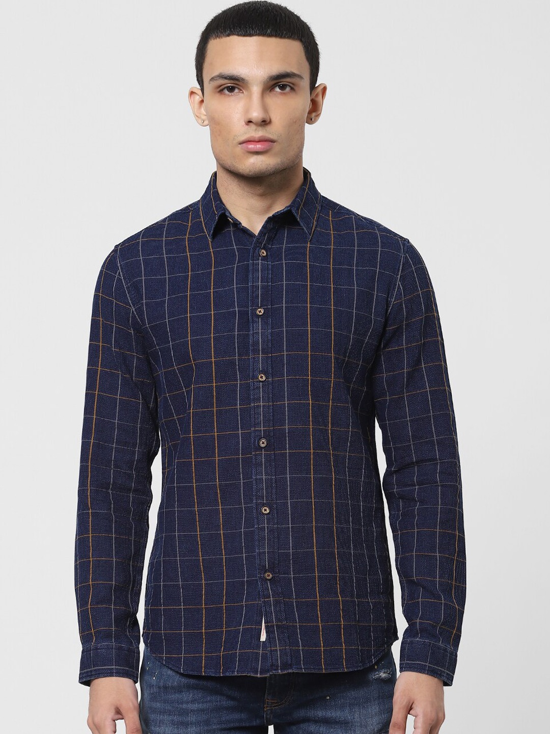 

Jack & Jones Men Navy Blue Windowpane Checked Casual Shirt